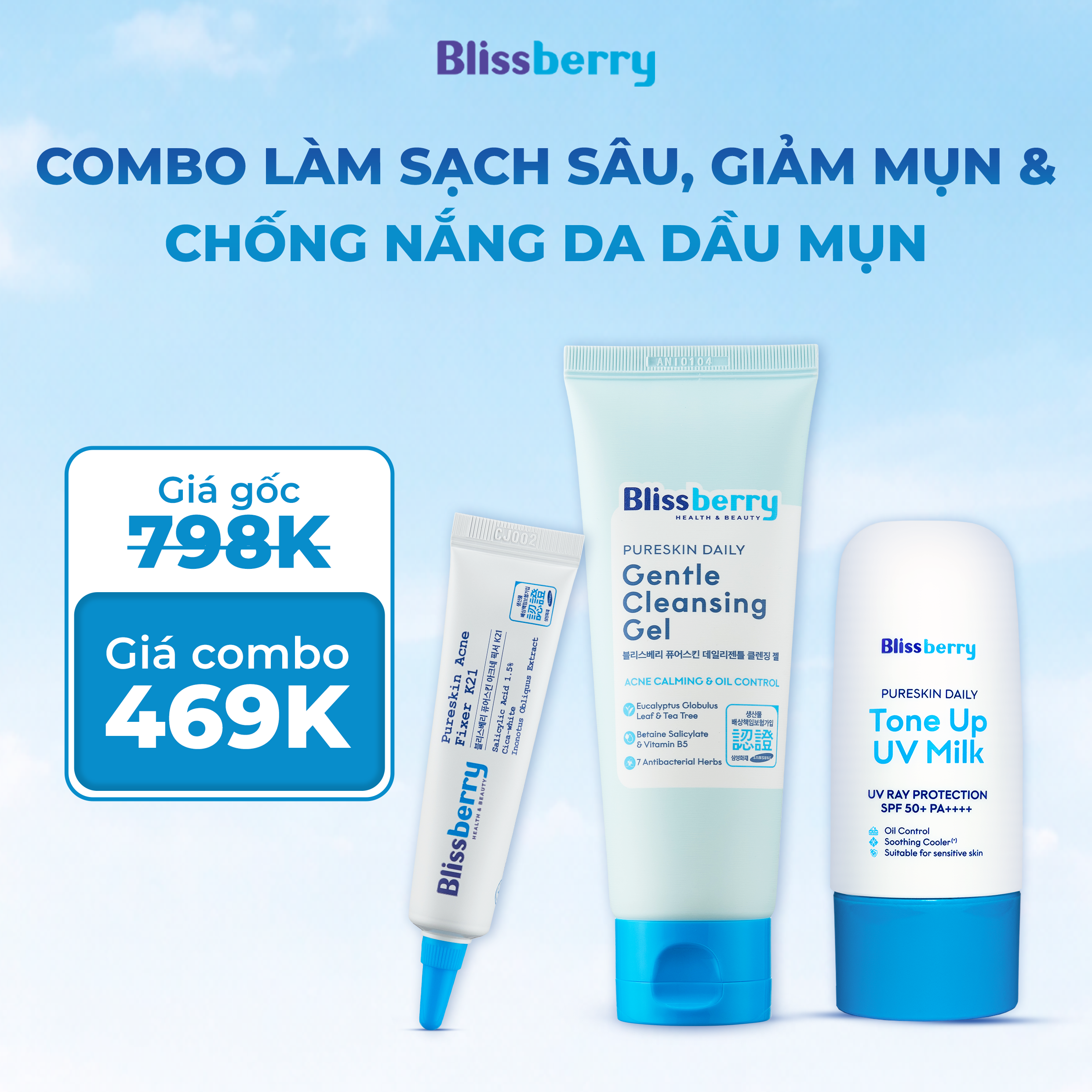 Combo Sữa Rửa Mặt, Gel mụn và Kem Chống Nắng Nâng Tone cho da dầu mụn - Phân phối chính hãng