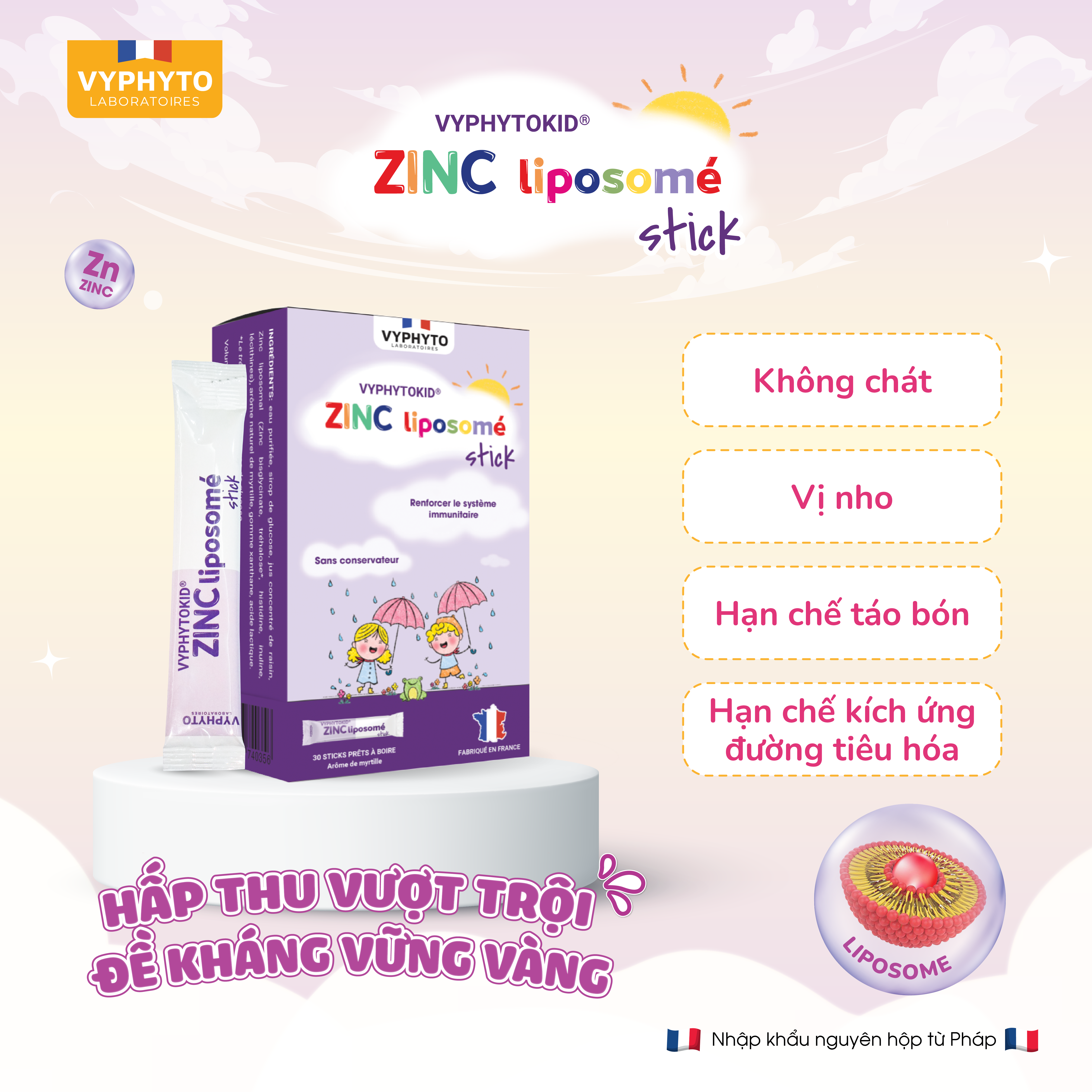 Thực phẩm bảo vệ sức khỏe VYPHYTOKID ZINC liposomé stick hỗ trợ bổ sung kẽm (hộp 14 gói) - Phân phối chính hãng