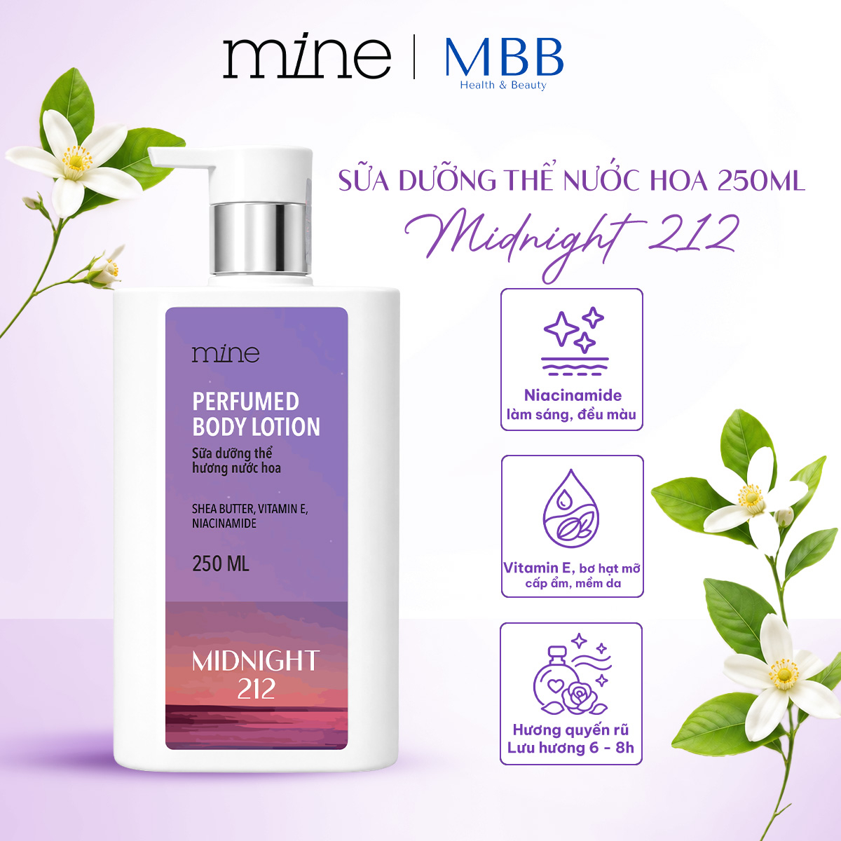 Sữa dưỡng thể trắng da nước hoa Midnight 212 250 ml - Phân phối chính hãng