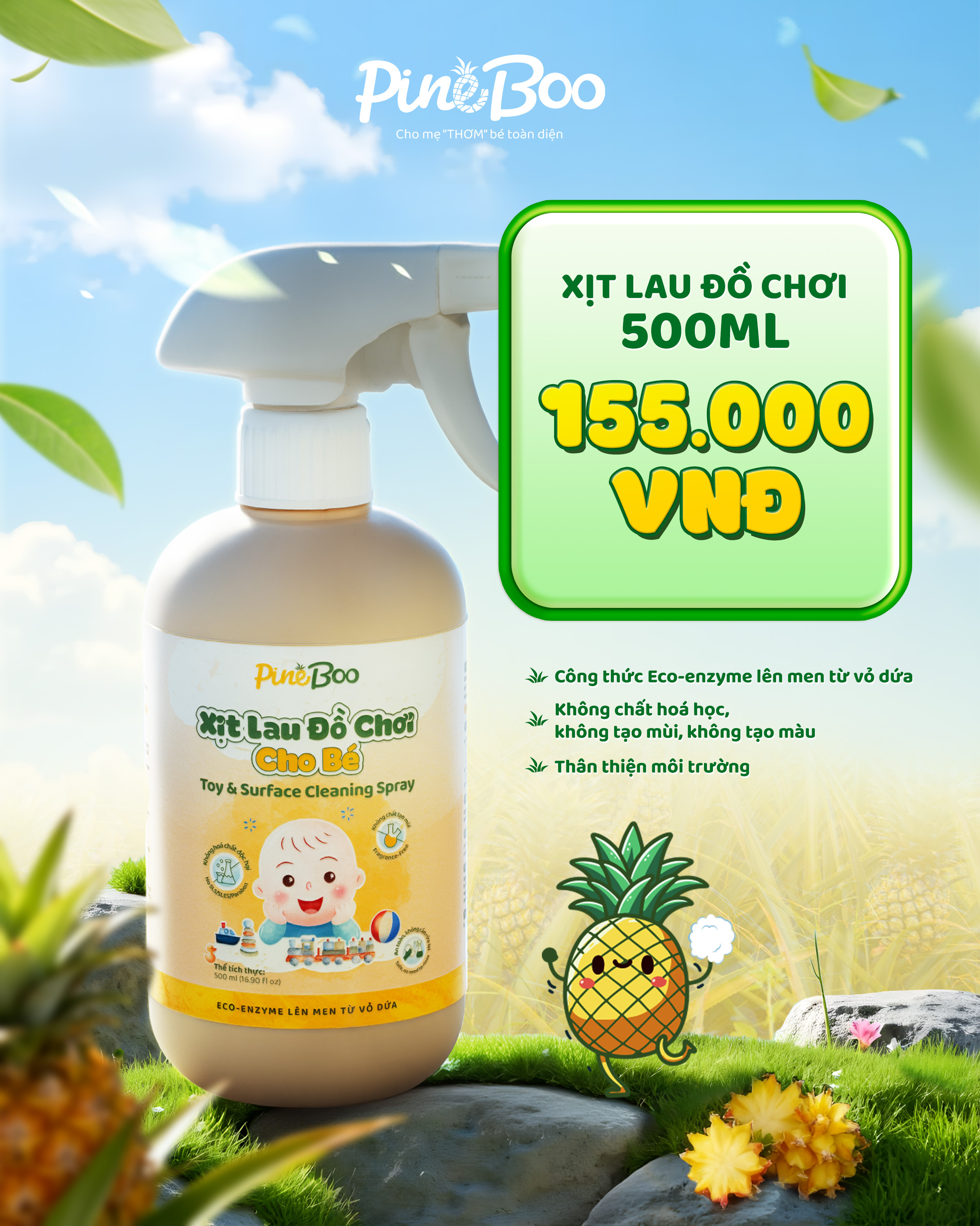 Xịt Lau Đồ Chơi PineBoo (Fuwa3e Eco-enzyme Dứa) 500ml - Phân phối chính hãng