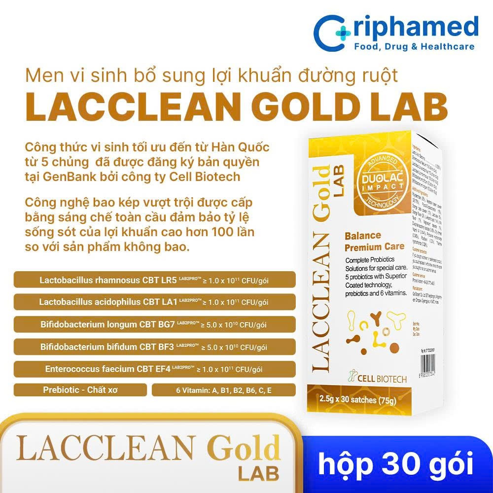 Men vi sinh bổ sung lợi khuẩn Lacclean Gold LAB (Hộp 30 gói) - Phân phối chính hãng