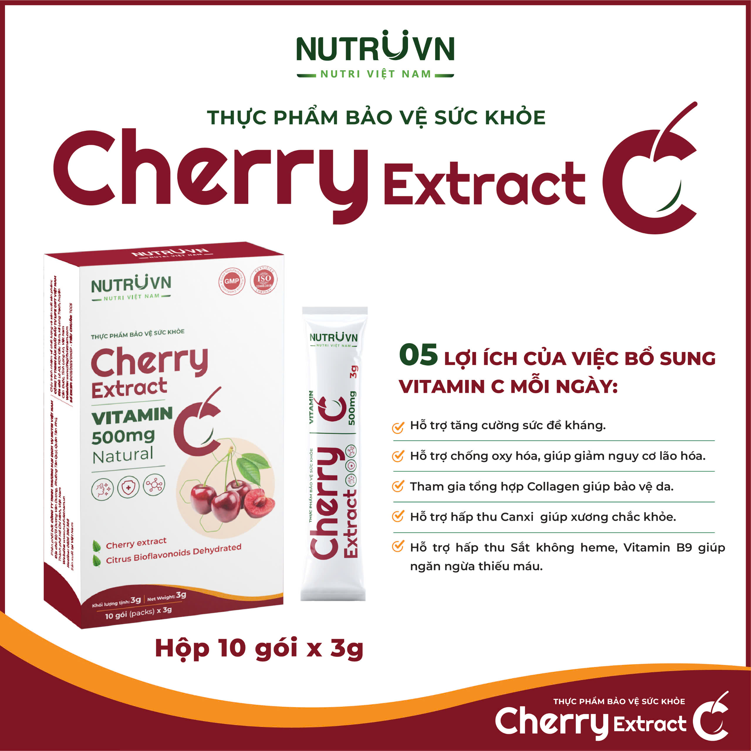 Cherry Extract bổ sung vitamin C tăng cường miễn dịch (10 gói) - Phân phối chính hãng