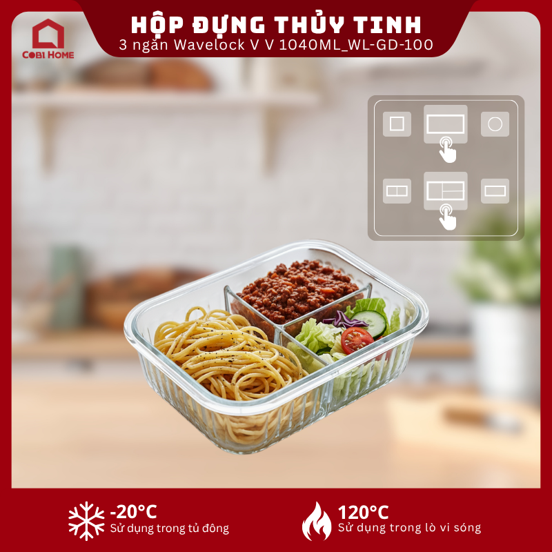 Hộp đựng thực phẩm thủy tinh 3 ngăn Wavelock V 1040ML_364371 - Phân phối chính hãng