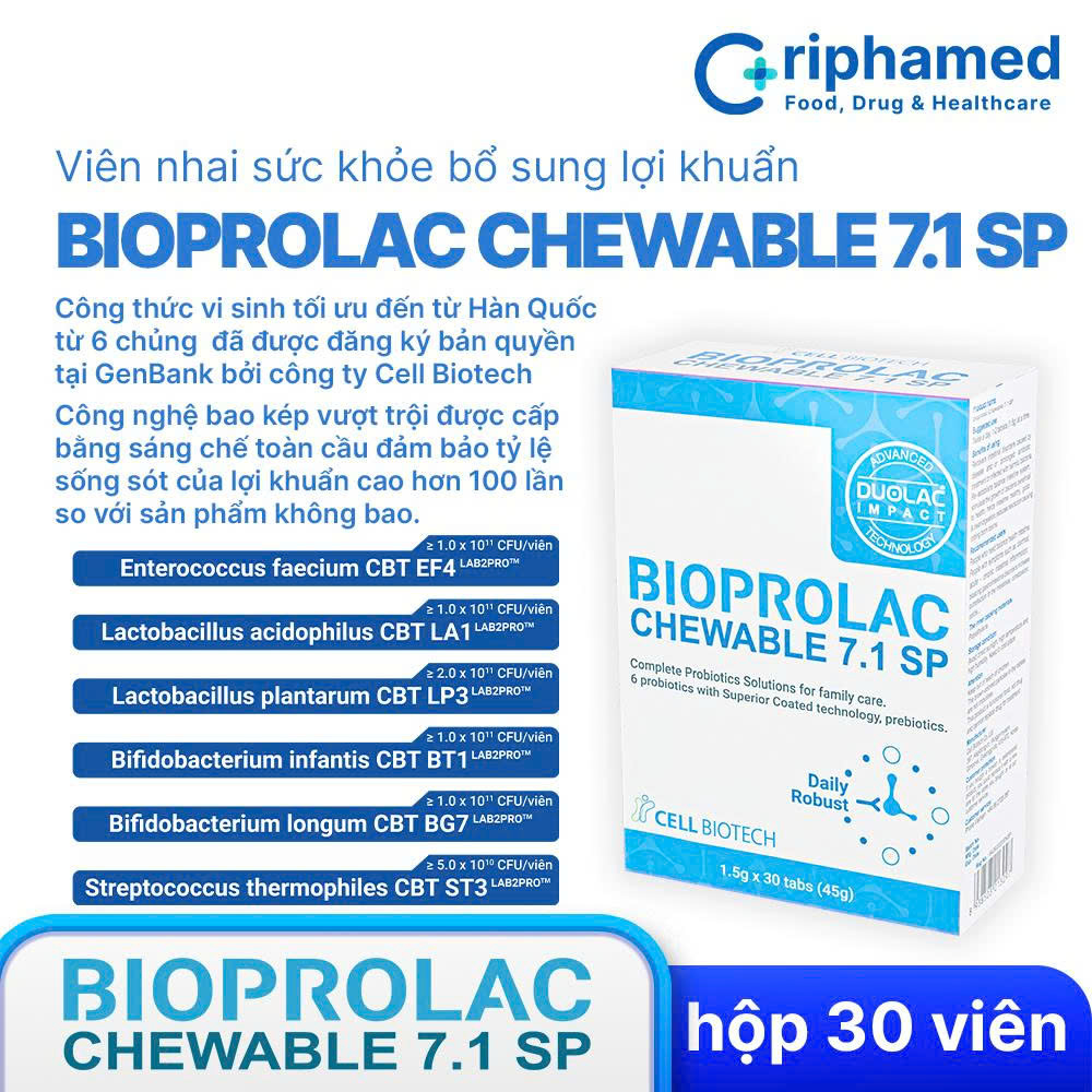 Viên nhai bổ sung lợi khuẩn Bioprolac chewable 7.1 SP (Hộp 30 viên) - Phân phối chính hãng