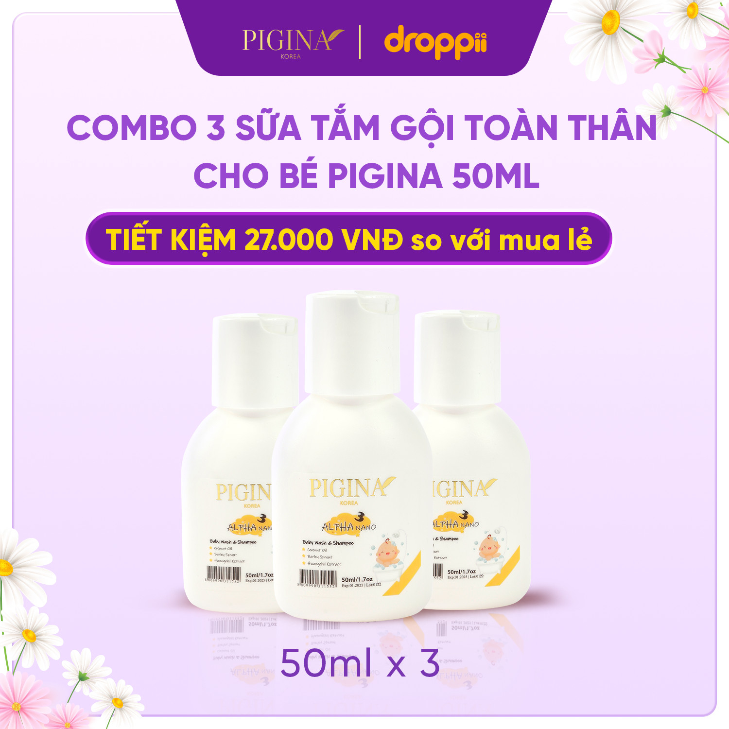 Combo 3 chai Sữa tắm gội toàn thân cho bé Pigina 50ml-duoc-ban-tai-Khoa Global group