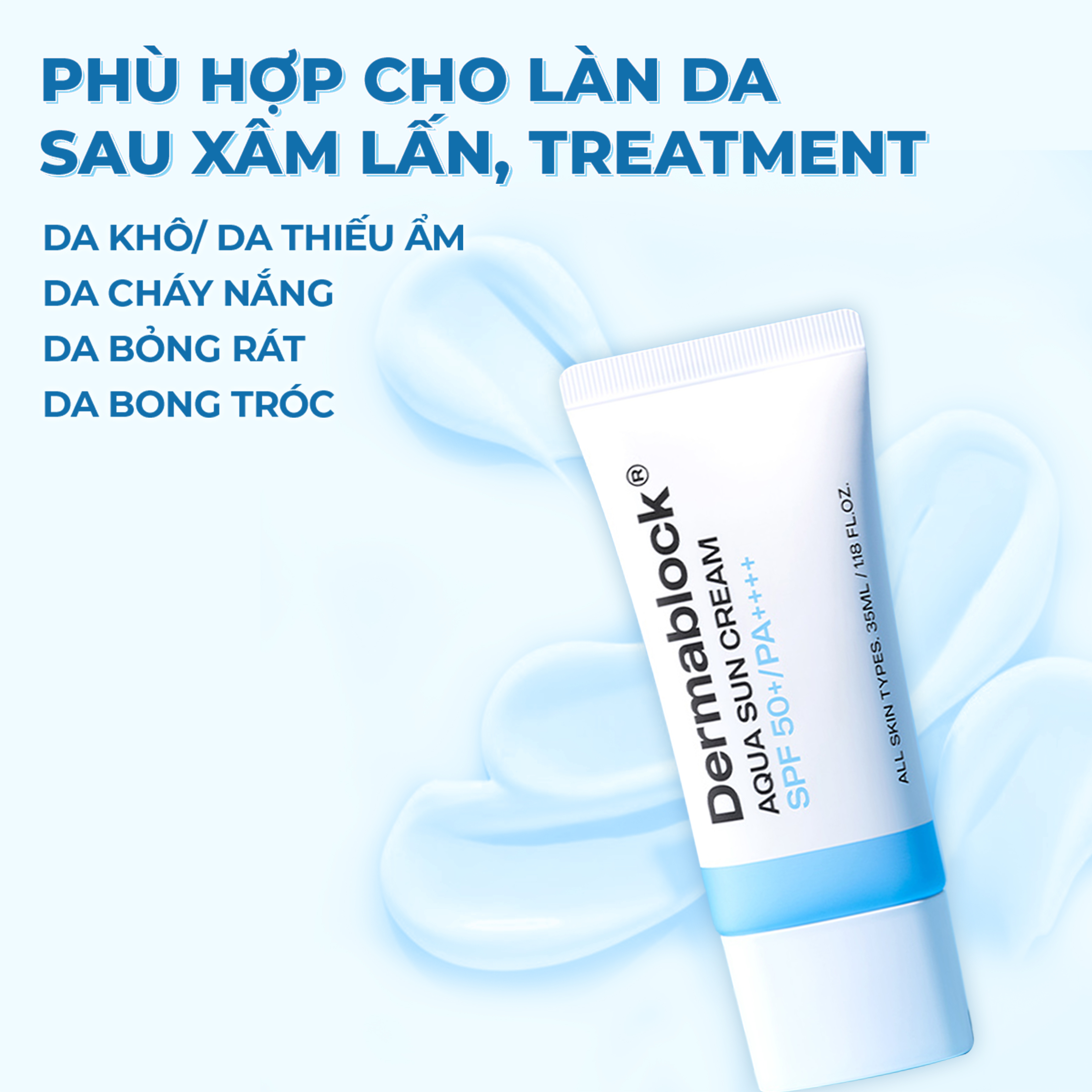 Kem chống nắng cấp ẩm và làm dịu cho da xâm lấn, treatment Dermablock Aqua Sun Cream SPF50+ PA++++ 35ml