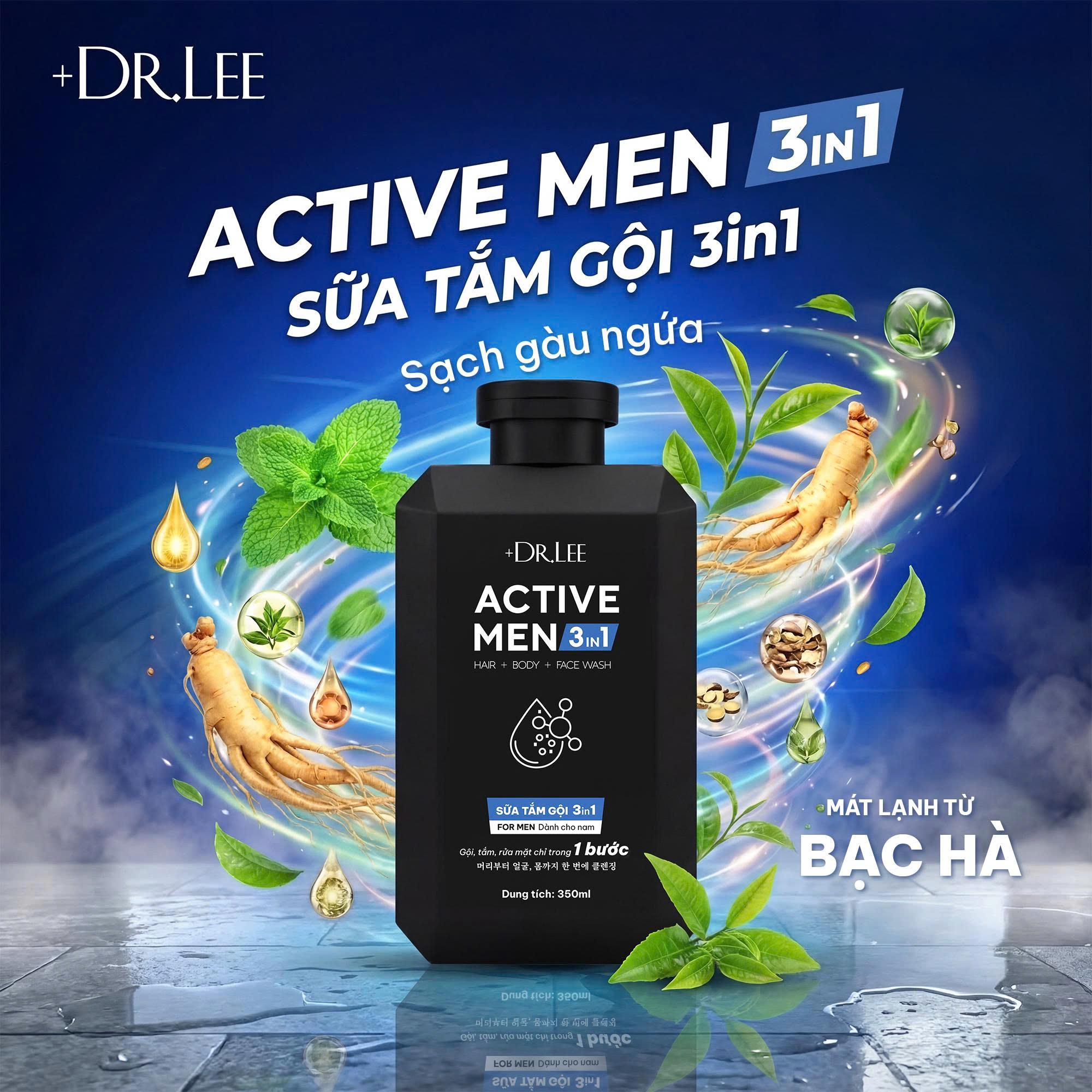 Sữa Tắm Gội Rửa Mặt Nam 3in1 +Dr.Lee Active Men 350ml – Dầu Gội Sạch Gàu, Sữa Tắm Mát Lạnh, Giảm Mụn Lưng