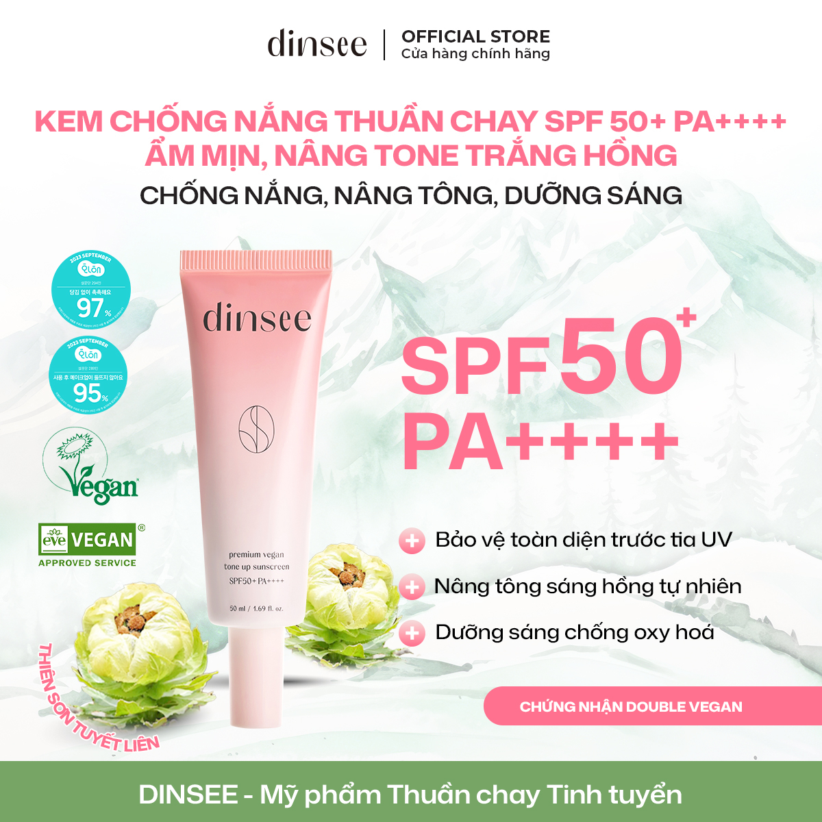 KEM CHỐNG NẮNG THUẦN CHAY SPF 50+ PA++++ ẨM MỊN, NÂNG TONE TRẮNG HỒNG DINSEE PREMIUM VEGAN TONE UP SUNSCREEN SPF50+ PA++++