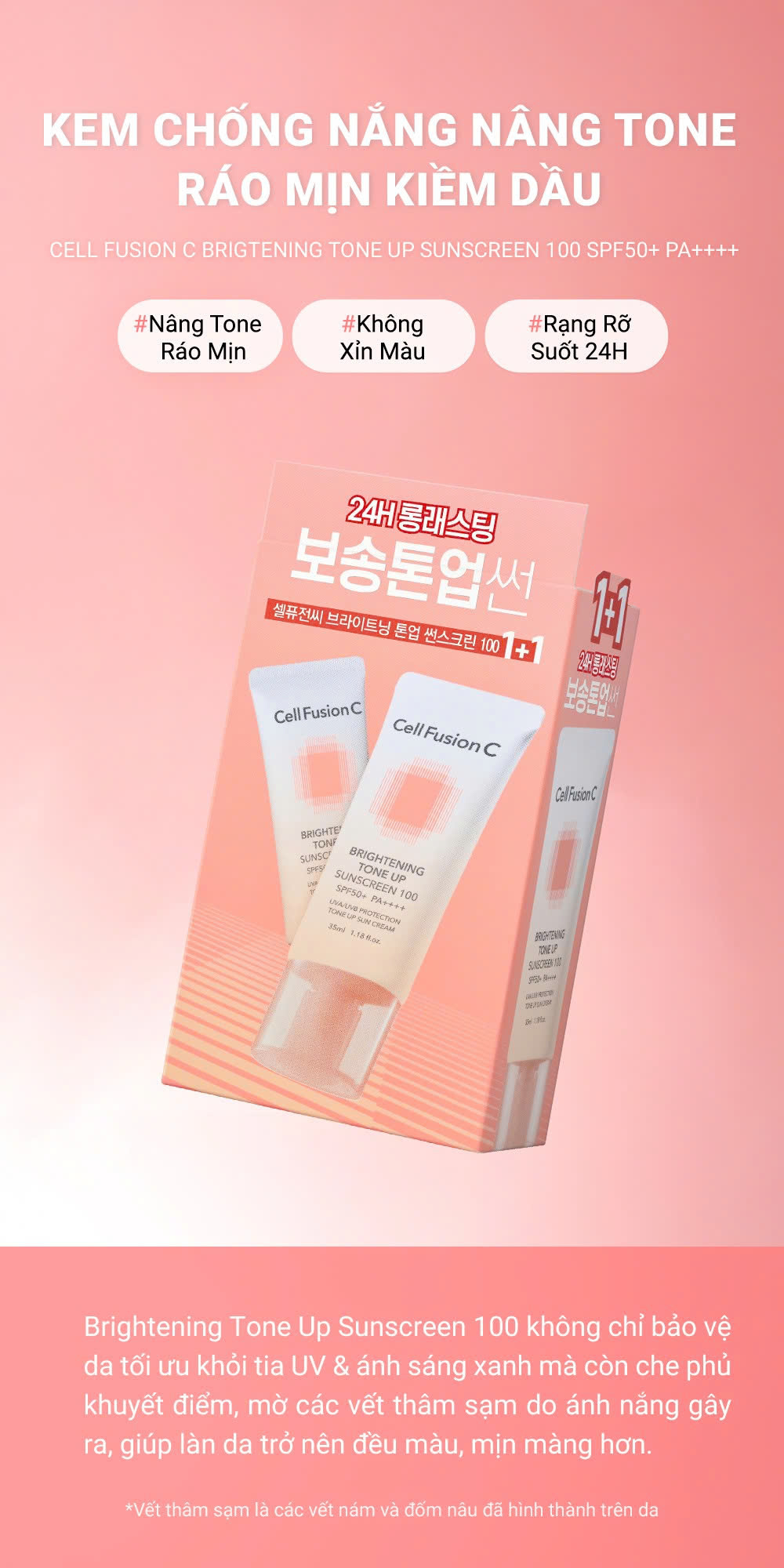 Kem Chống Nắng Nâng Tone Ráo Mịn Kiềm Dầu Cell Fusion C Brightening Tone Up Sunscreen 100 SPF50+ PA ++++ 35ml +35ml - 2