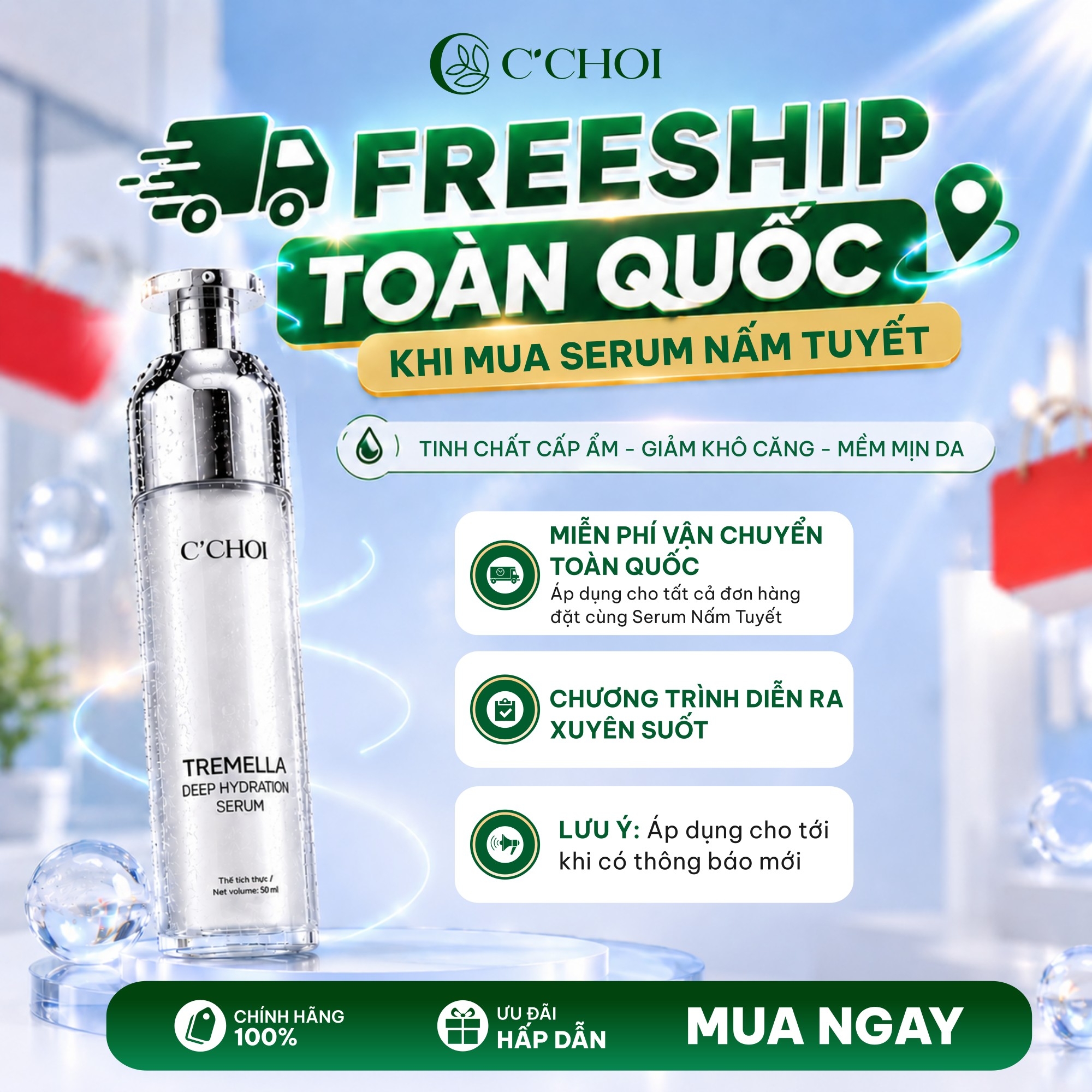 Serum cấp ẩm, chống nhăn da, hỗ trợ làm mờ các dấu hiệu lão hóa da C'Choi - Tremella Deep Hydration Serum - 50ml - Phân phối chính hãng