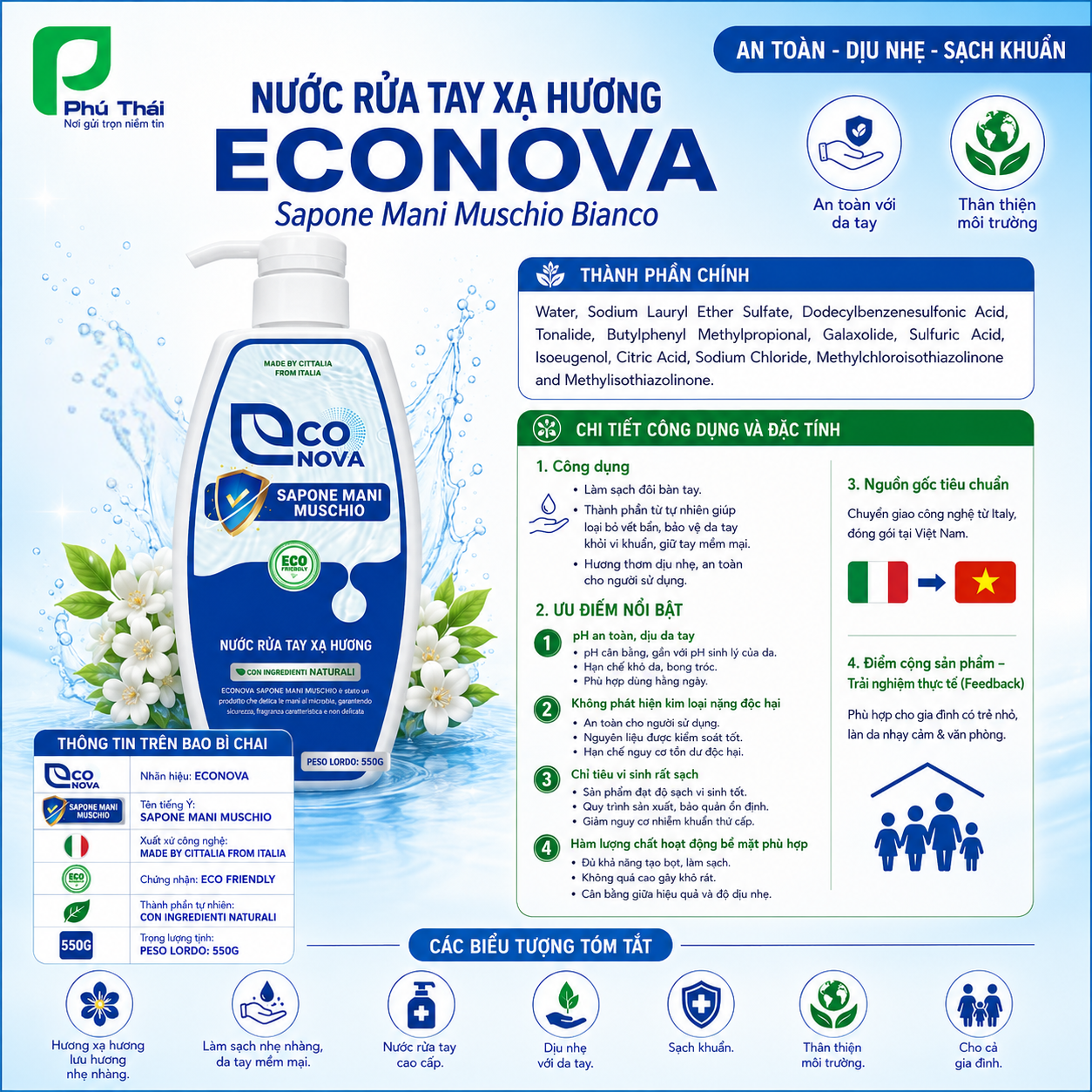 Nước rửa tay xạ hương Econova (Chai 550g)