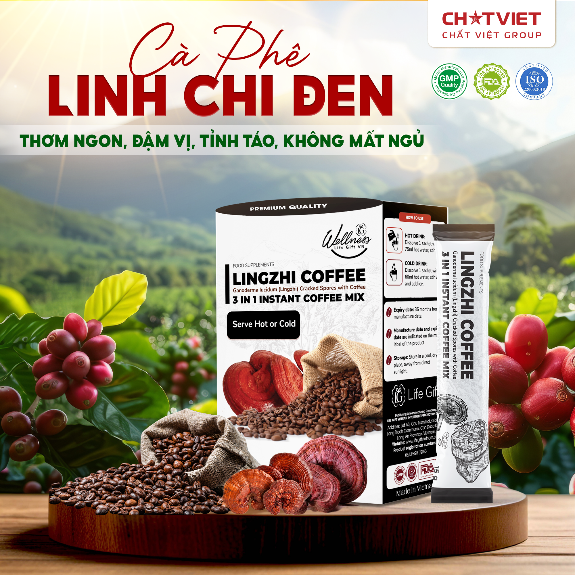 Cà phê bào tử Linh Chi phá vách – Giúp tỉnh táo (20 gói x 15g) - Phân phối chính hãng