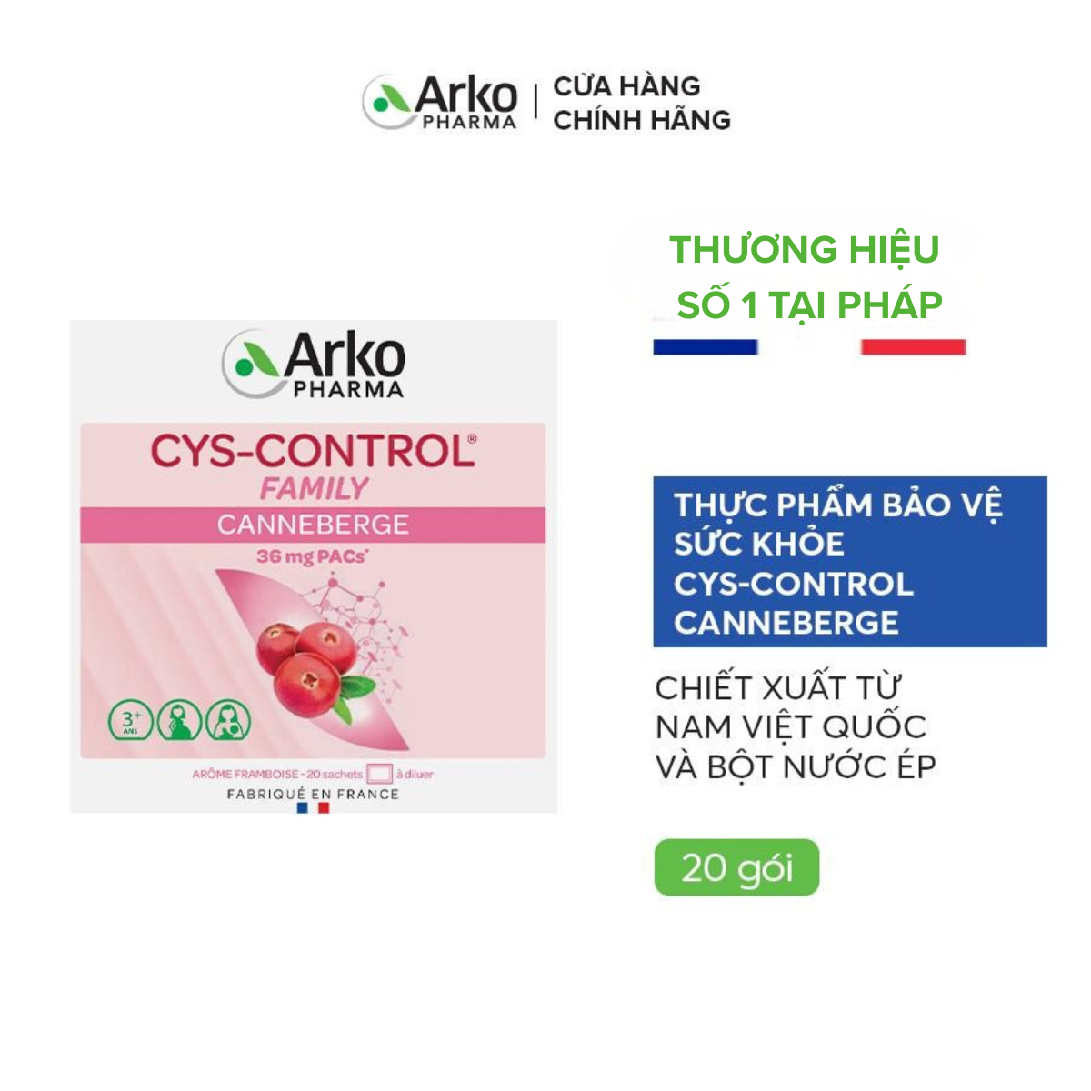 Gói uống hỗ trợ đường tiết niệu cho cả gia đình Arkopharma CYS-CONTROL CANNEBERGE(hộp 20 gói)