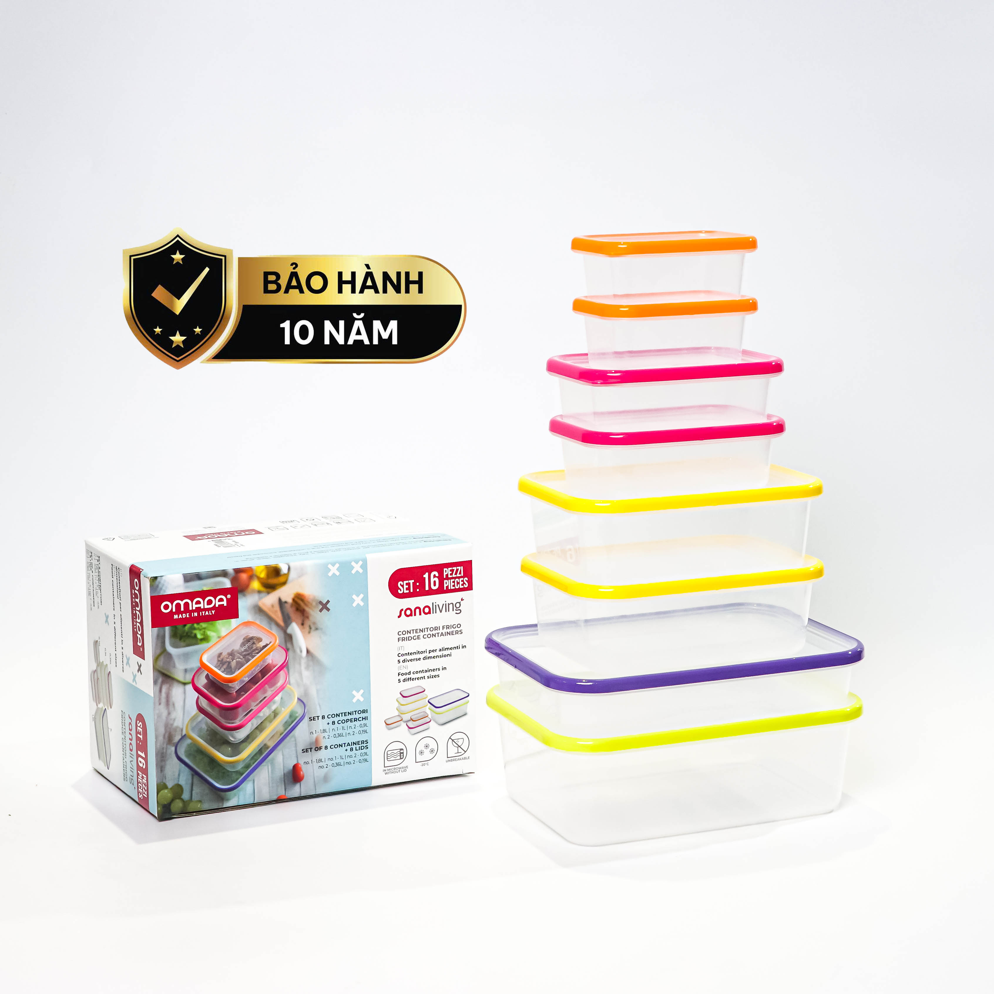 Set 8 hộp đựng thực phẩm kháng khuẩn  Sanaliving cao cấp OMADA - Model: S2336CA - Phân phối chính hãng