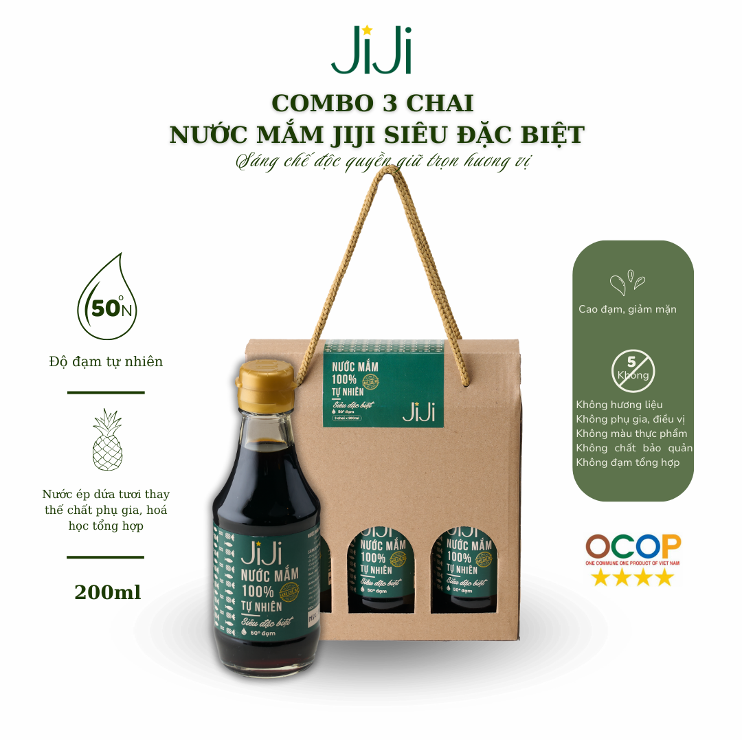 Set 3 chai Nước mắm tự nhiên JI JI Siêu đặc biệt 50 đạm 200ml - Phân phối chính hãng