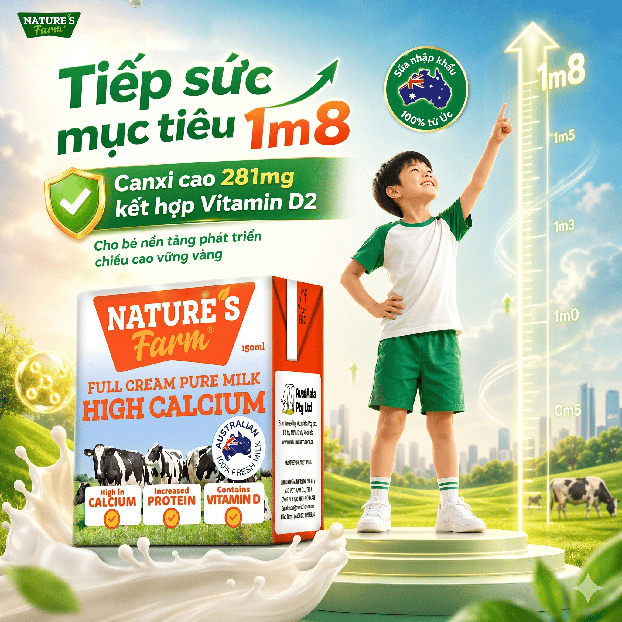 Thùng sữa Nature's Farm High Calcium 150ml - Sữa Úc Bò Nuôi Thả - Hỗ Trợ Tăng Chiều Cao