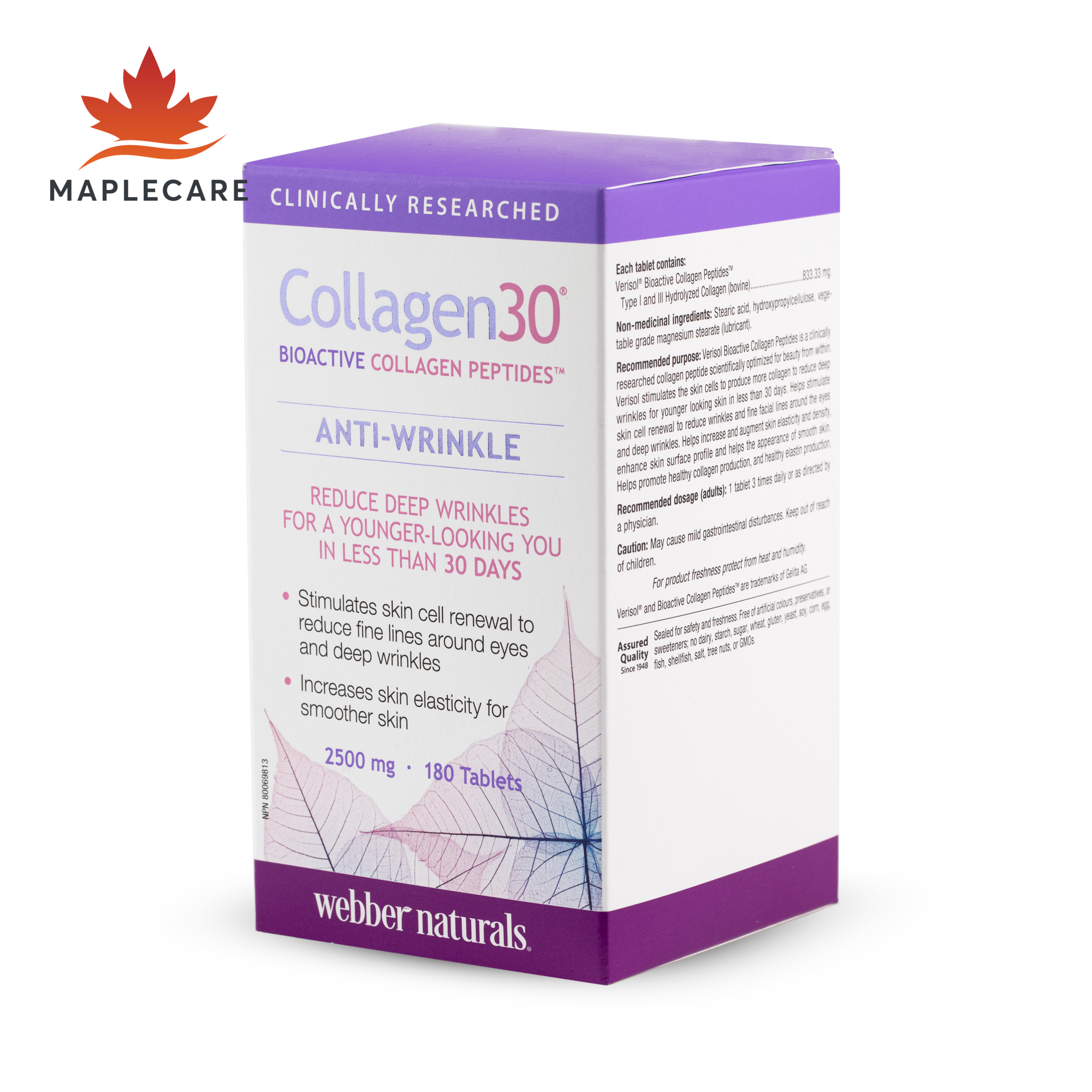 Thực phẩm bảo vệ sức khoẻ WEBBER NATURALS Collagen30® Anti-Wrinkle Bioactive Collagen Peptides™ Tablets (Hộp 180 viên)
