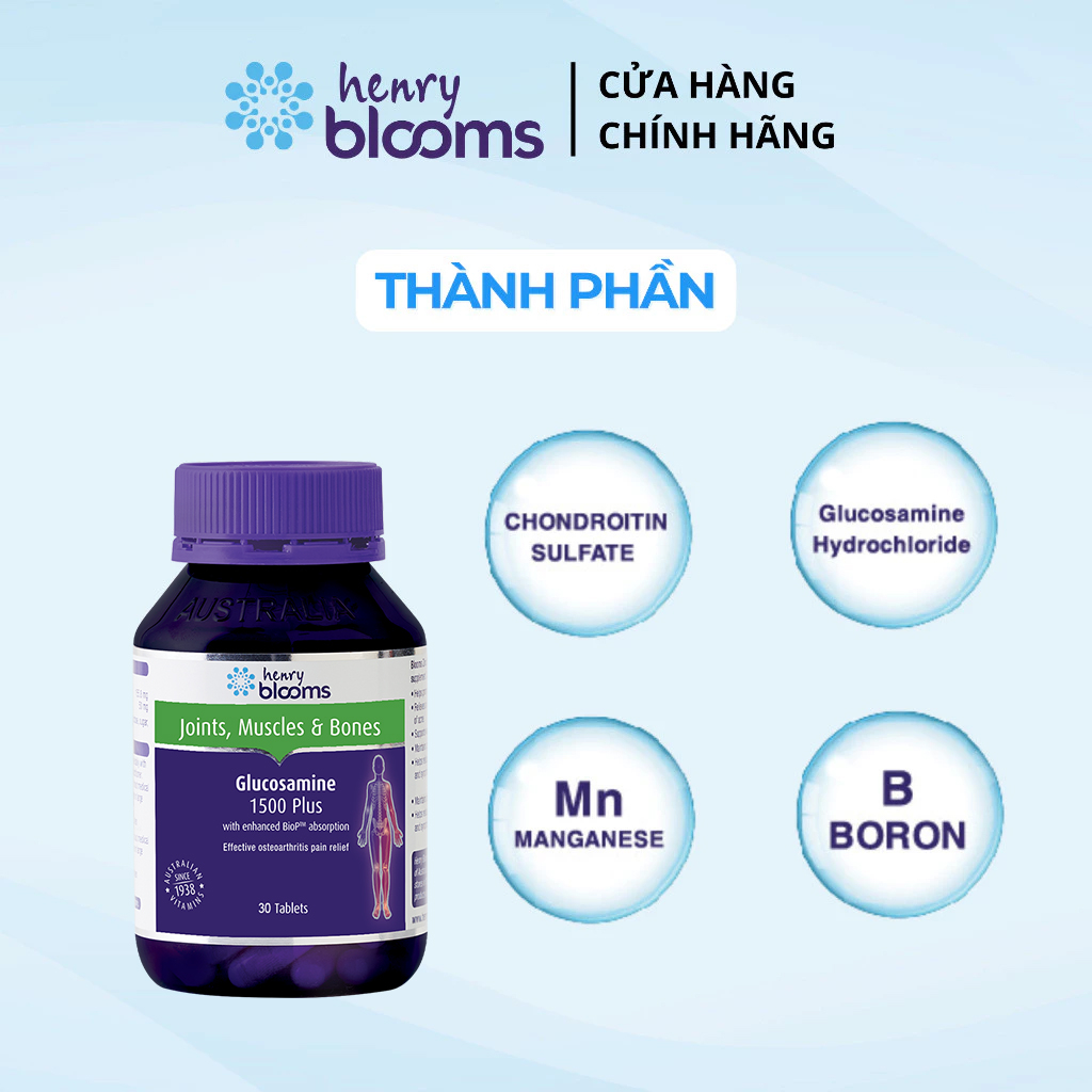 Viên uống sức khỏe HENRY BLOOMS Glucosamine 1500 Plus hỗ trợ giảm nguy cơ thoái hóa khớp và bảo vệ màng sụn khớp (hộp 30 viên)