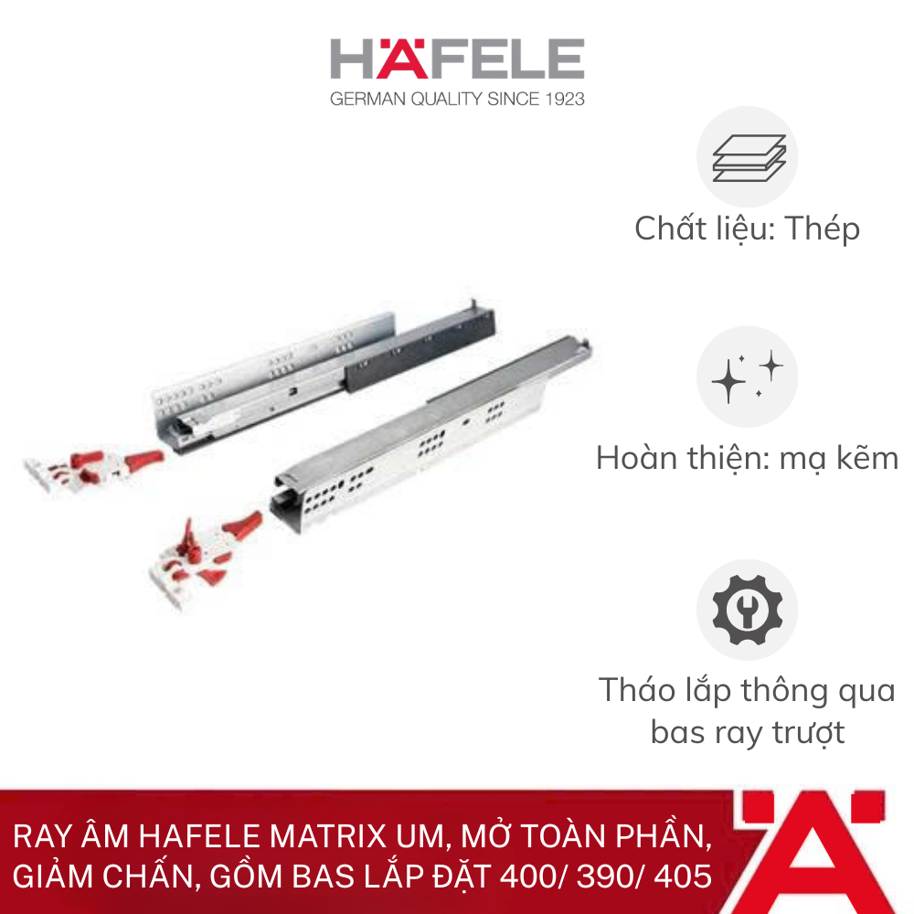 Ray âm Hafele Matrix UM, mở toàn phần, giảm chấn, bao gồm bas lắp đặt - 400/ 390/ 405 433.32.073 - Phân phối chính hãng