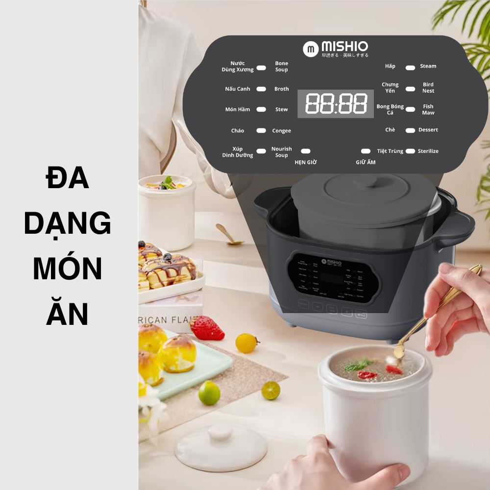 Nồi nấu chậm lòng sứ 3L Mishio MK397 kèm xửng hấp và 4 thố sứ tiện lợi không lo cháy khét hay bong tróc chống dính - 4