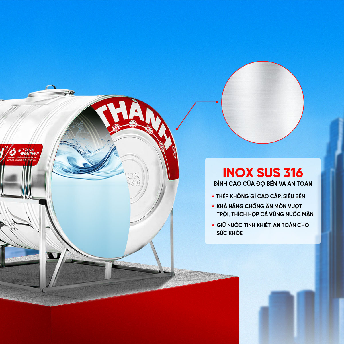 Bồn Inox 316 Đại Thành Ngang 2.000L ĐK 1170 - CHỈ BÁN TẠI MIỀN NAM