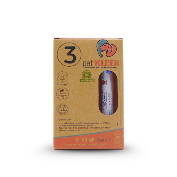Dung dịch vi sinh khử mùi thú cưng Pet Kleen (hộp 3 ống tinh chất 5ml) - Phân phối chính hãng