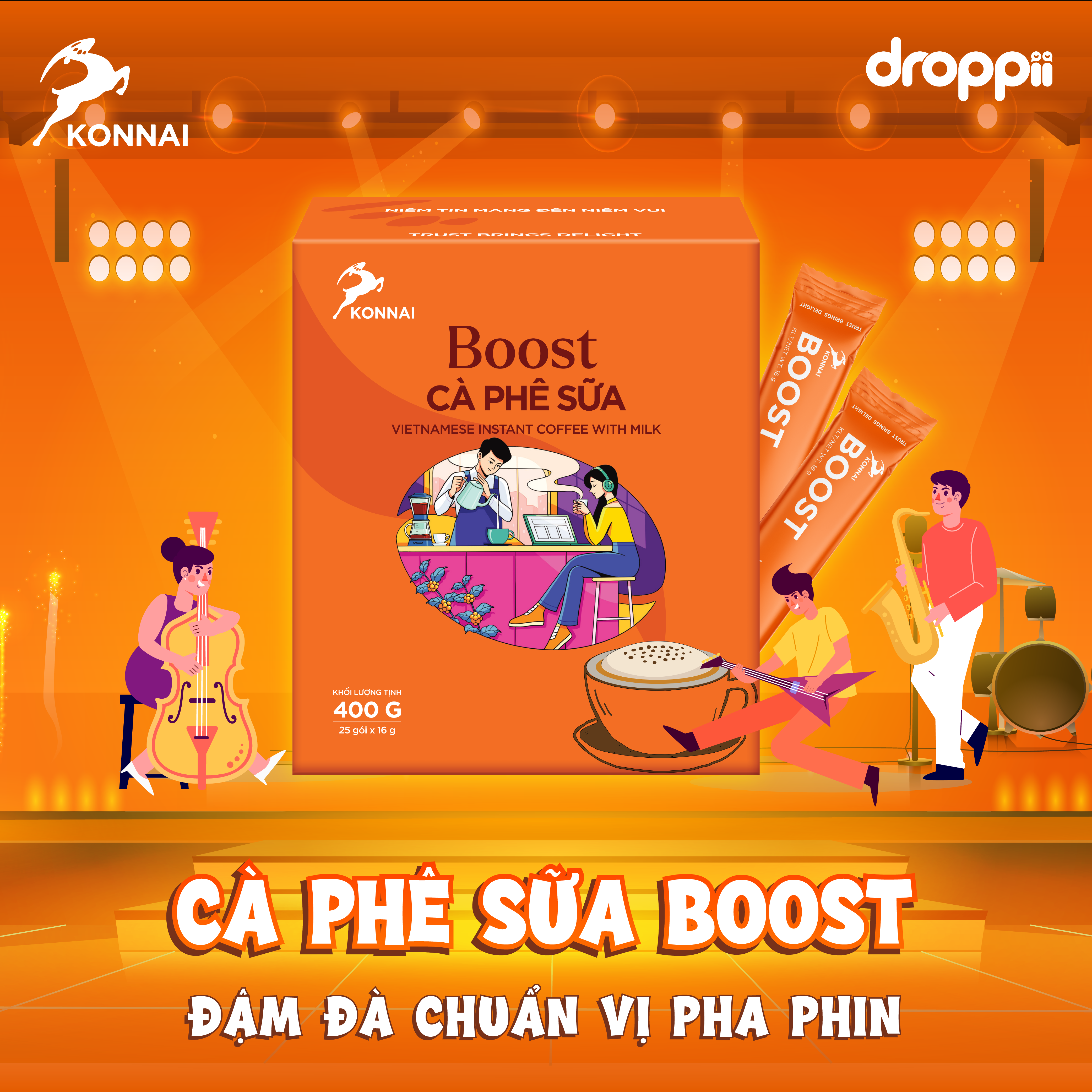 Cà phê sữa BOOST Konnai Coffee đậm đà chuẩn vị pha phin 25 gói/hộp - Phân phối chính hãng
