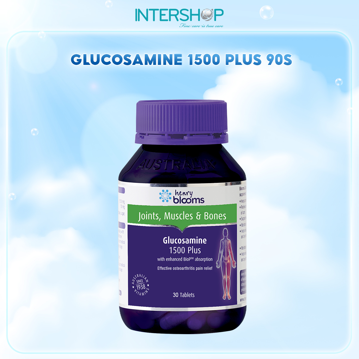 Viên uống sức khỏe HENRY BLOOMS Glucosamine 1500 Plus hỗ trợ giảm nguy cơ thoái hóa khớp và bảo vệ màng sụn khớp (hộp 30 viên) - Phân phối chính hãng
