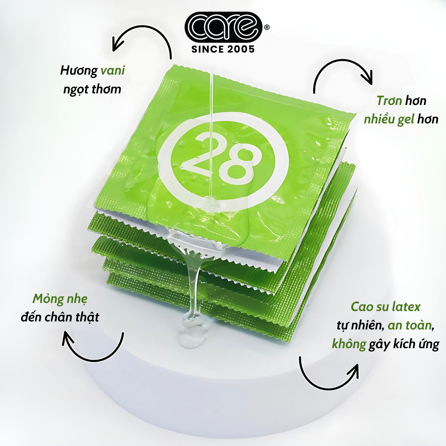 Bao cao su CARE 28 trơn mỏng truyền thống - hương vani (hộp 12 bcs)