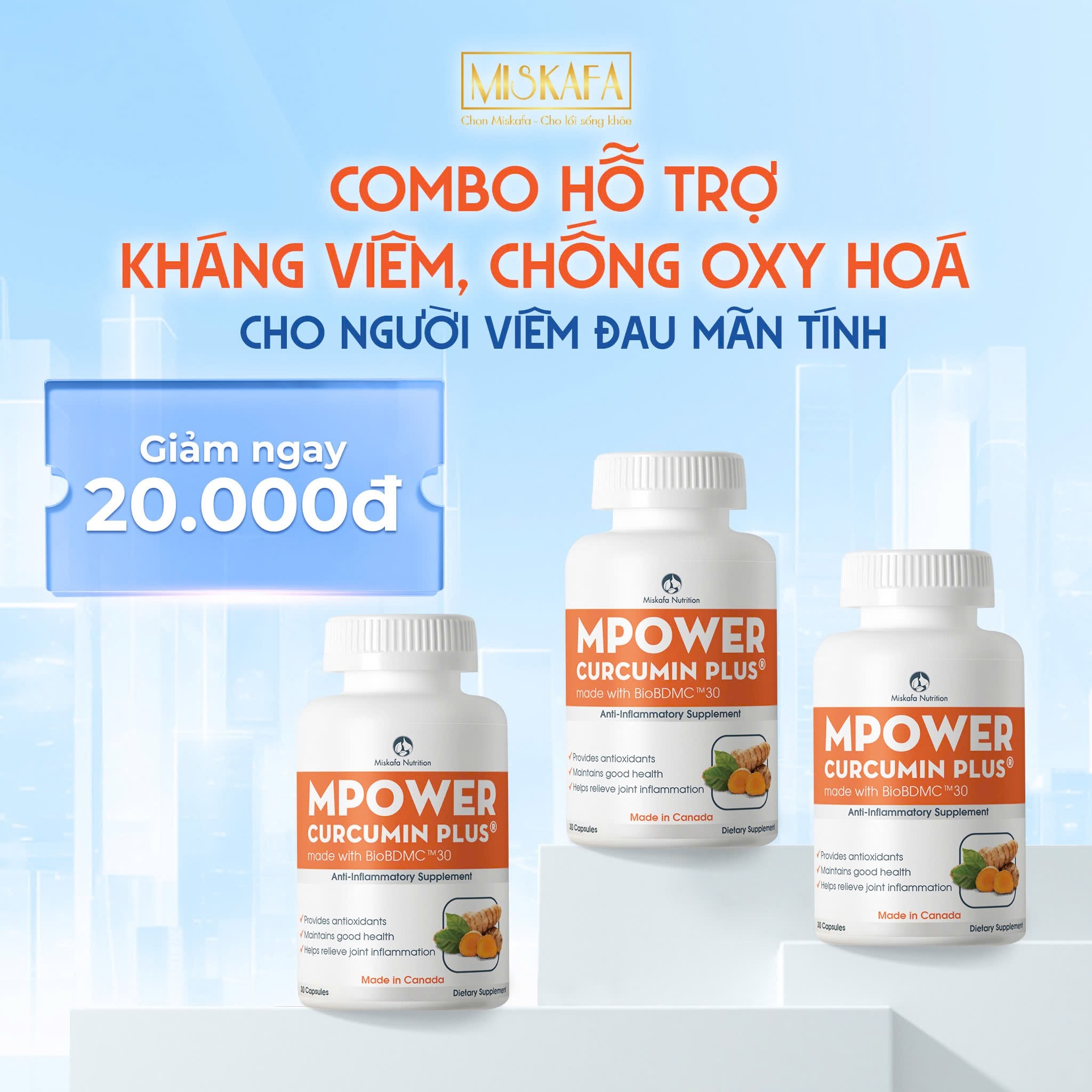 Combo 3 hộp Mpower Curcumin Plus made with BioBDMC™30 tiêu chuẩn Canada, được cấp sáng chế  (Hộp 30 viên)