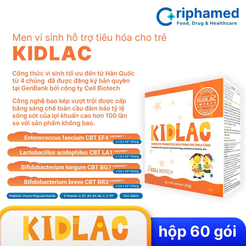 Men vi sinh hỗ trợ tiêu hóa cho trẻ Kidlac (Hộp 60 gói) - Phân phối chính hãng
