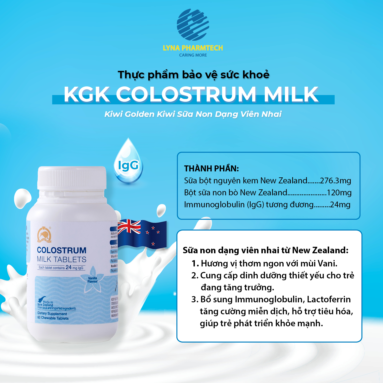 Viên nhai hỗ trợ tăng sức đề kháng, bổ sung dinh dưỡng Colostrum 24mg IgG-duoc-ban-tai-Phan Tuyetmai