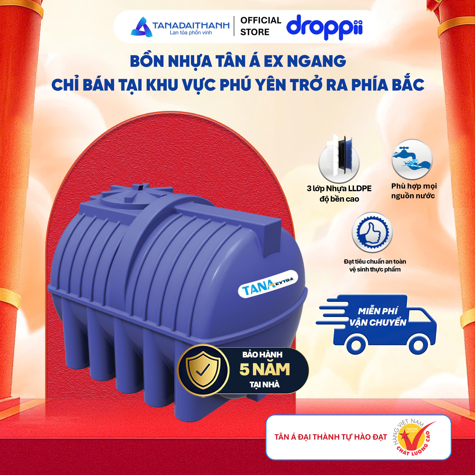 Bồn nhựa Tân Á 1500N EX- bồn ngang ( Phân phối từ khu vực Bình Định trở ra phía Bắc )