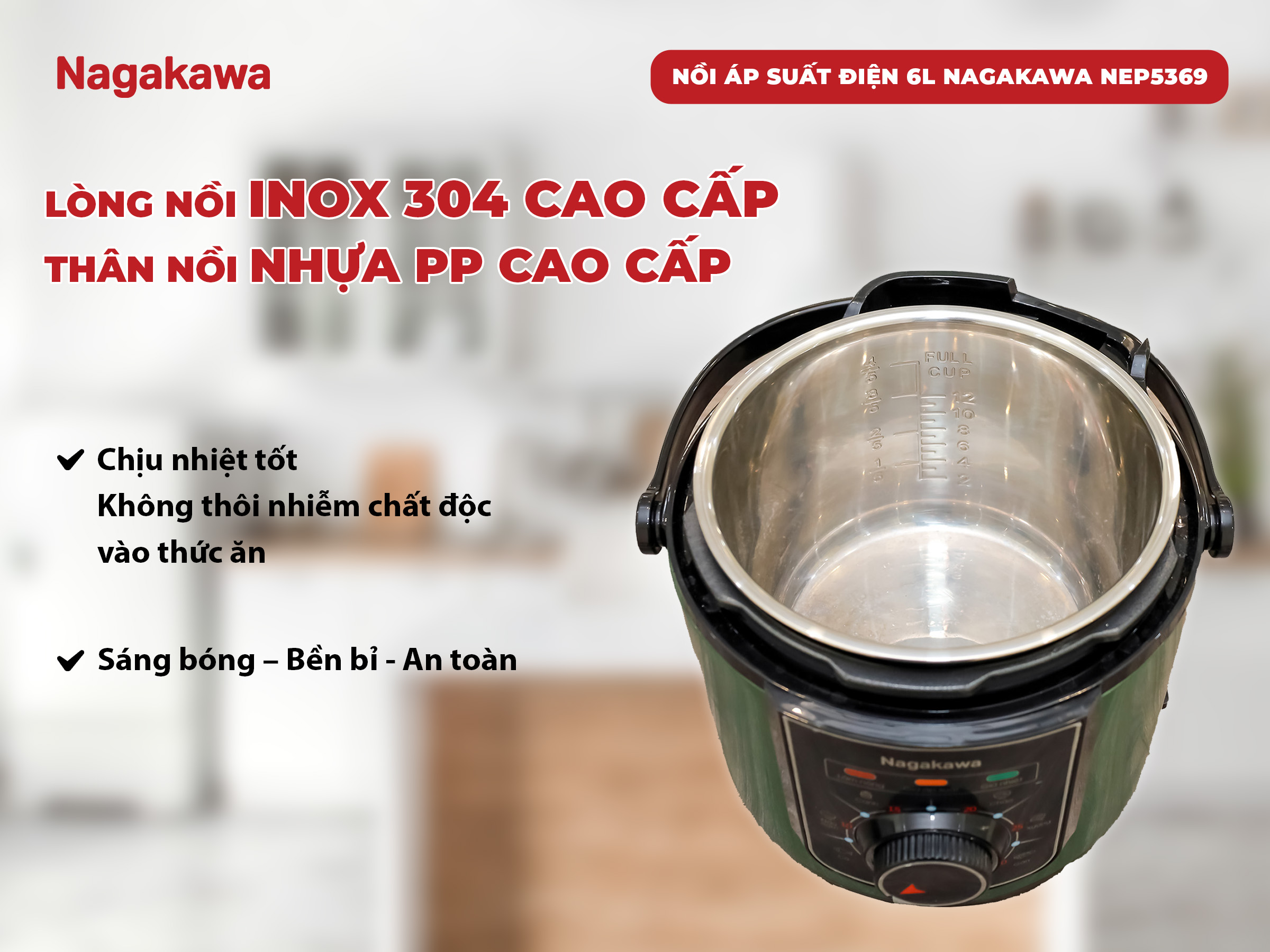 Nồi áp suất điện 6L inox 304 Nagakawa NEP5369