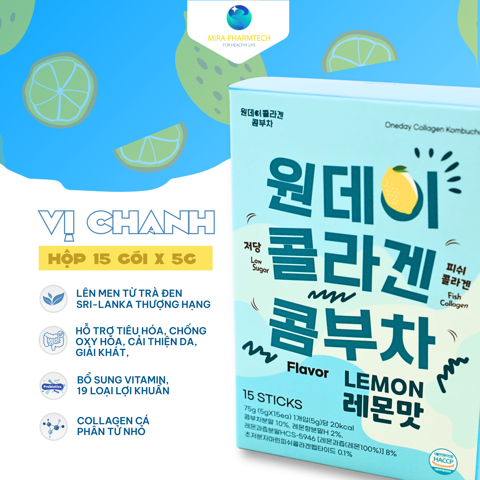 Thức uống lên men Kombucha Collagen Oneday hoà tan - giàu lợi khuẩn Vị chanh (Hộp 15 gói x 5g) - Phân phối chính hãng