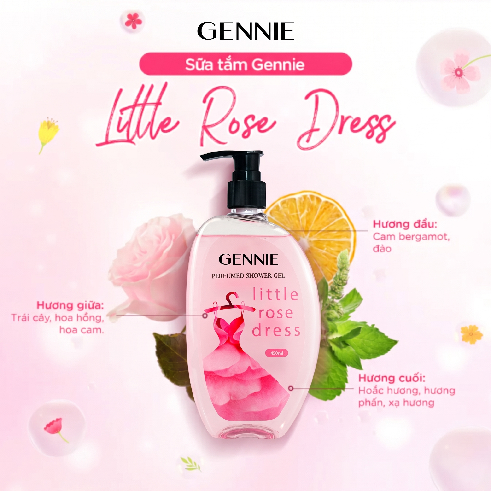 Sữa Tắm Nước Hoa Nữ Dưỡng Da GENNIE LITTLE ROSE DRESS 450ml