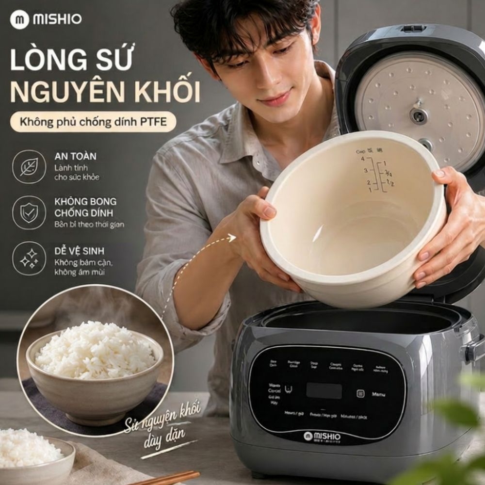 Nồi cơm điện sứ dưỡng sinh, nhãn hiệu Mishio Model MK381 - Phân phối chính hãng