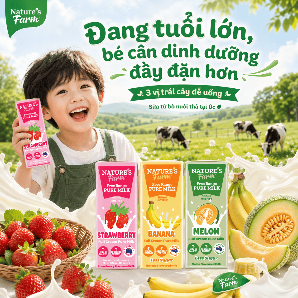 Thùng sữa Nature's Farm Dâu Hộp 180ml - Sữa Tươi Vị Dâu, Ít Đường - Sữa Nhập Khẩu Úc