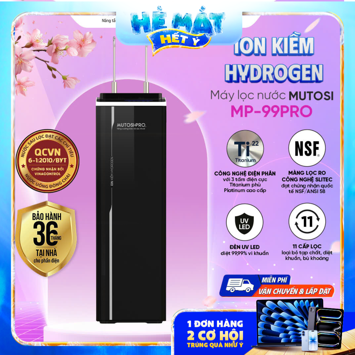 Máy Lọc Nước Nóng Lạnh Nguội Ion Kiềm Hydrogen Mutosi Pro MP-99PRO - Phân phối chính hãng