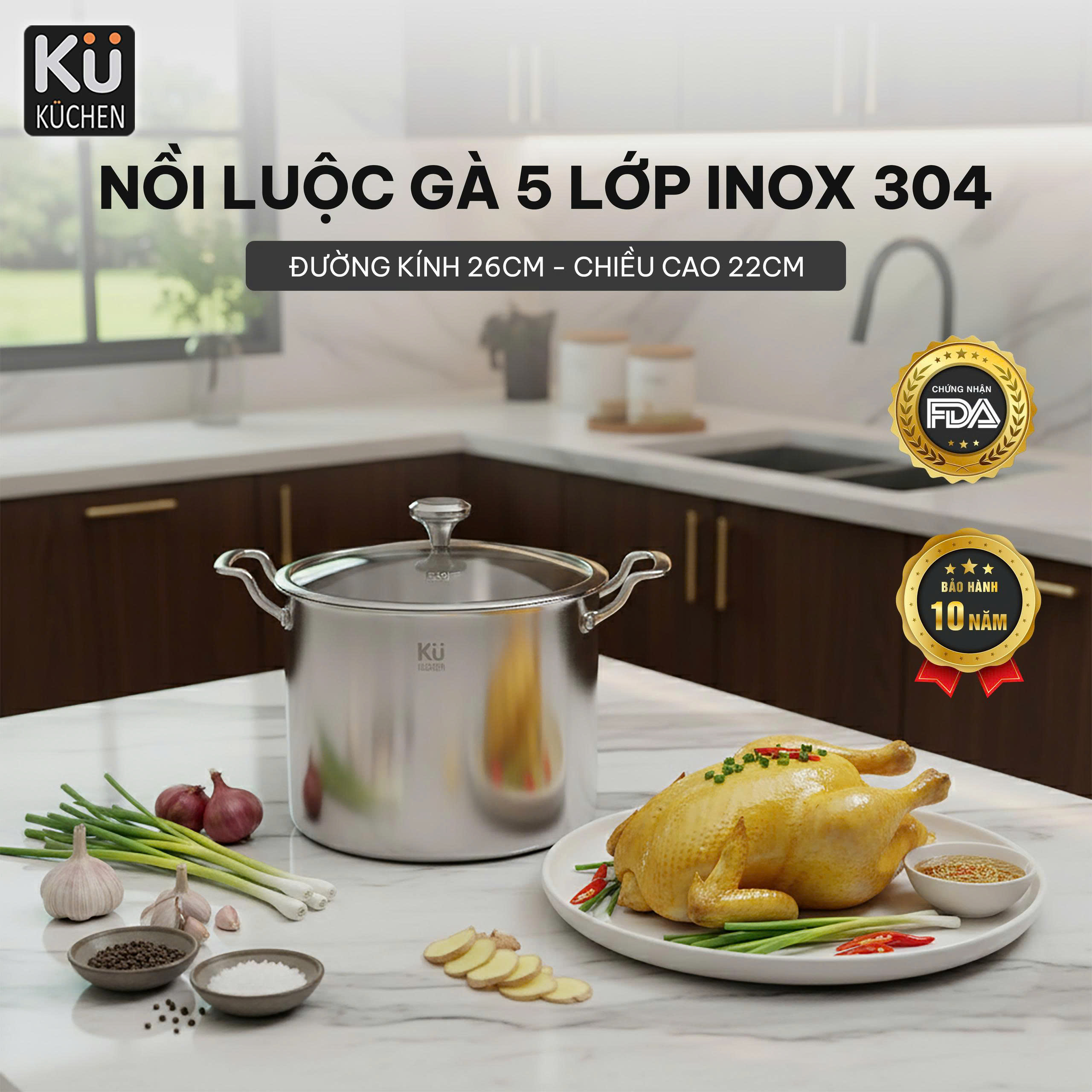 Nồi luộc gà 5 lớp inox 304 26cm