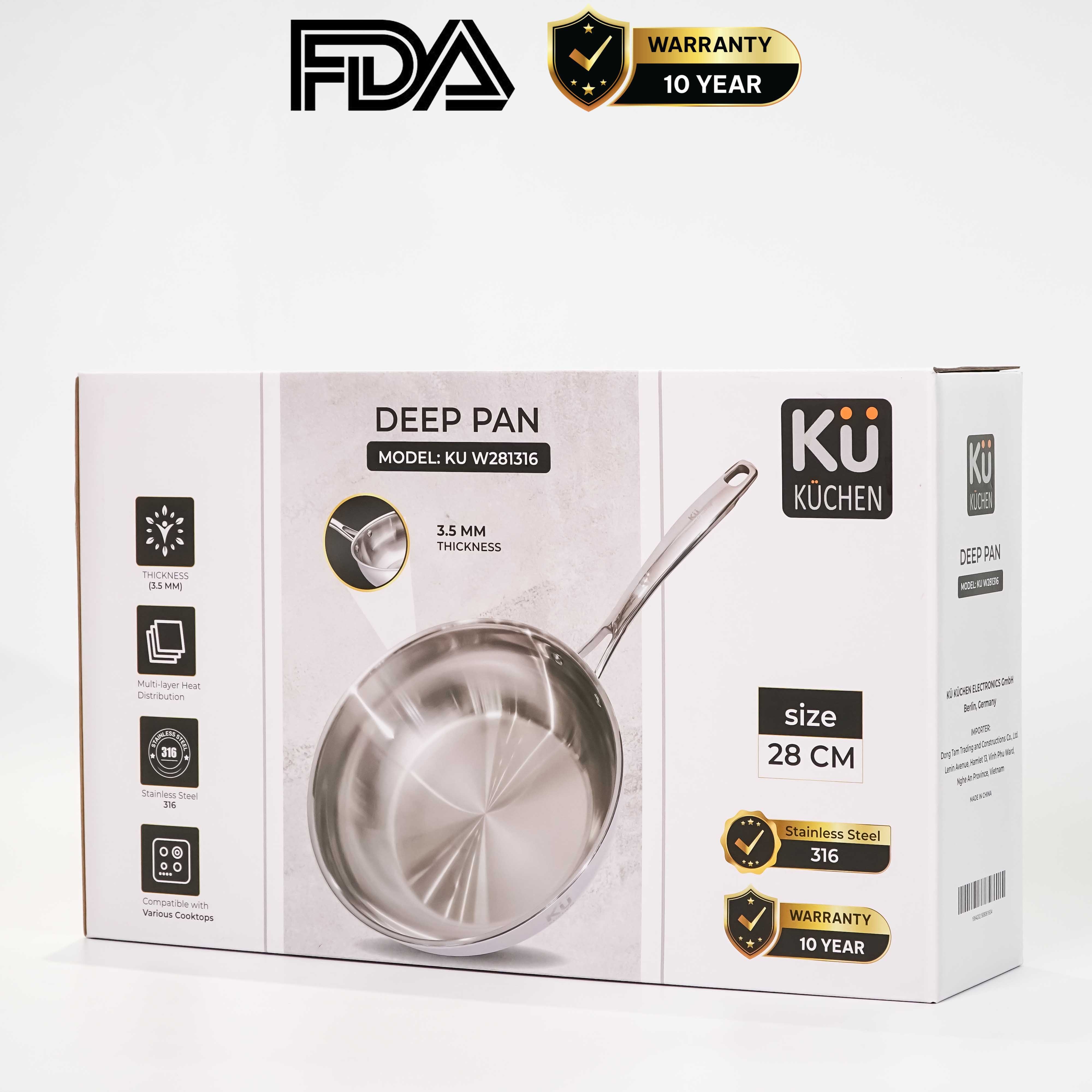 Chảo inox 316 28cm lòng sâu cao cấp KUCHEN KU W281316