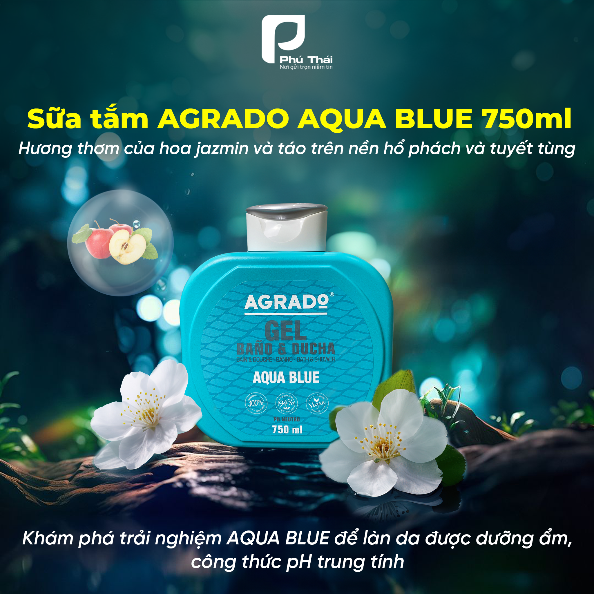 Sữa tắm Agrado Aqua Blue (Chai 750ml) - Hương thơm của hoa jazmin và táo trên nền hổ phách và tuyết tùng