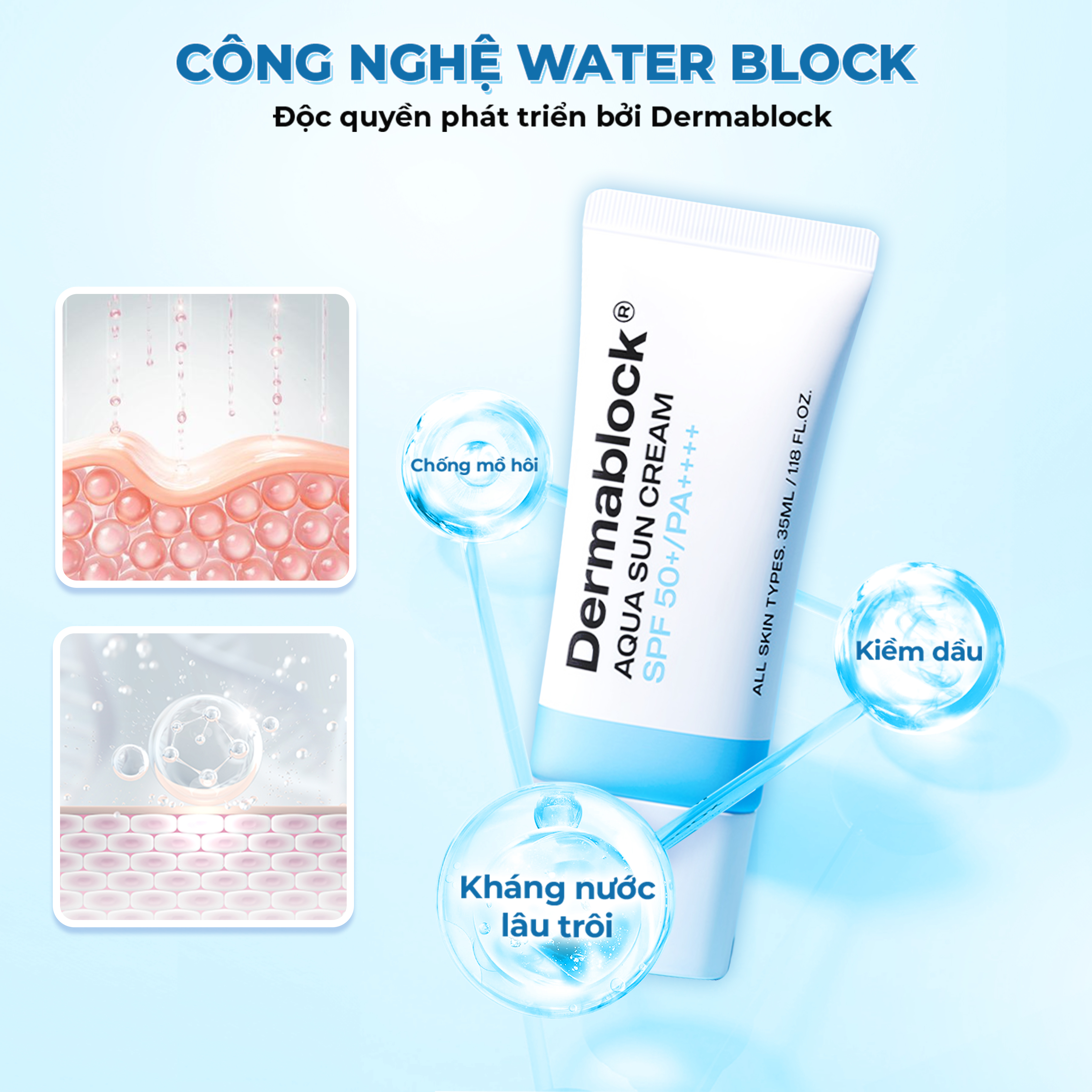 Kem chống nắng cấp ẩm và làm dịu cho da xâm lấn, treatment Dermablock Aqua Sun Cream SPF50+ PA++++ 35ml