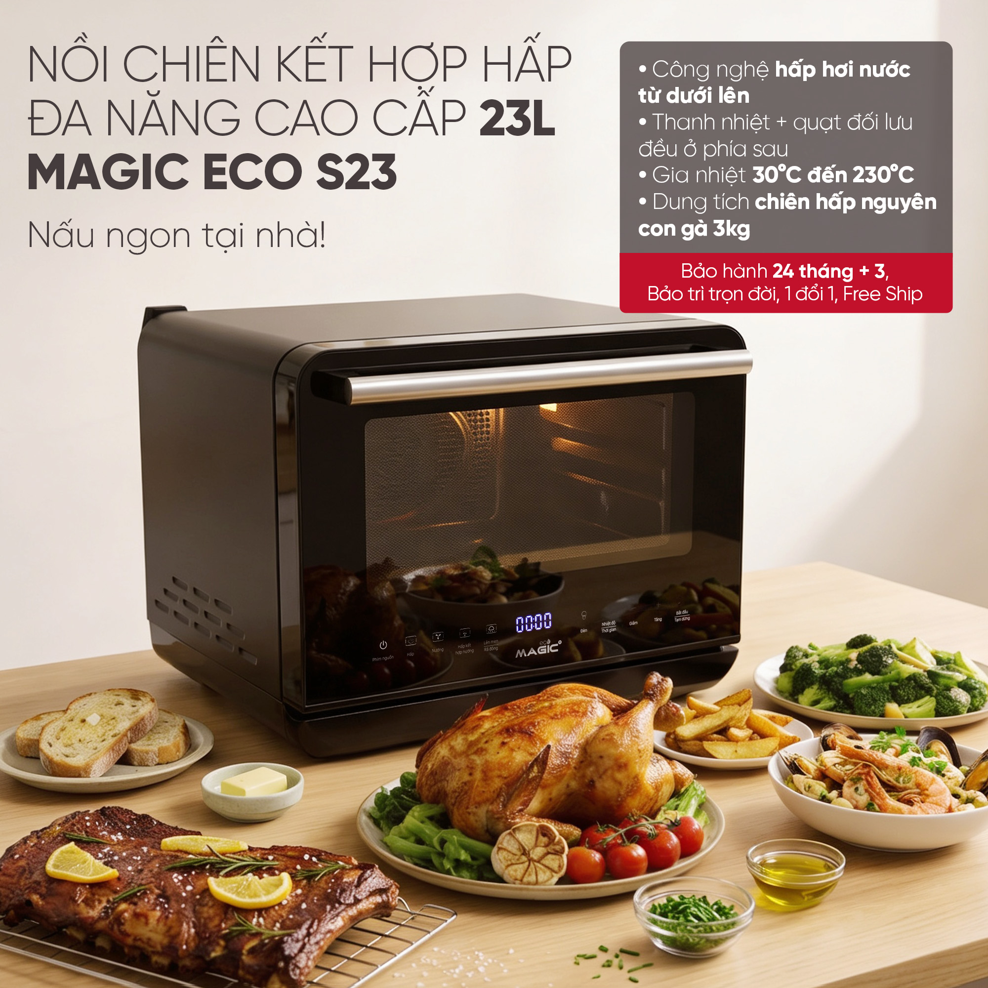 Nồi chiên không dầu kết hợp hấp cao cấp S-23, hiệu Magic Eco