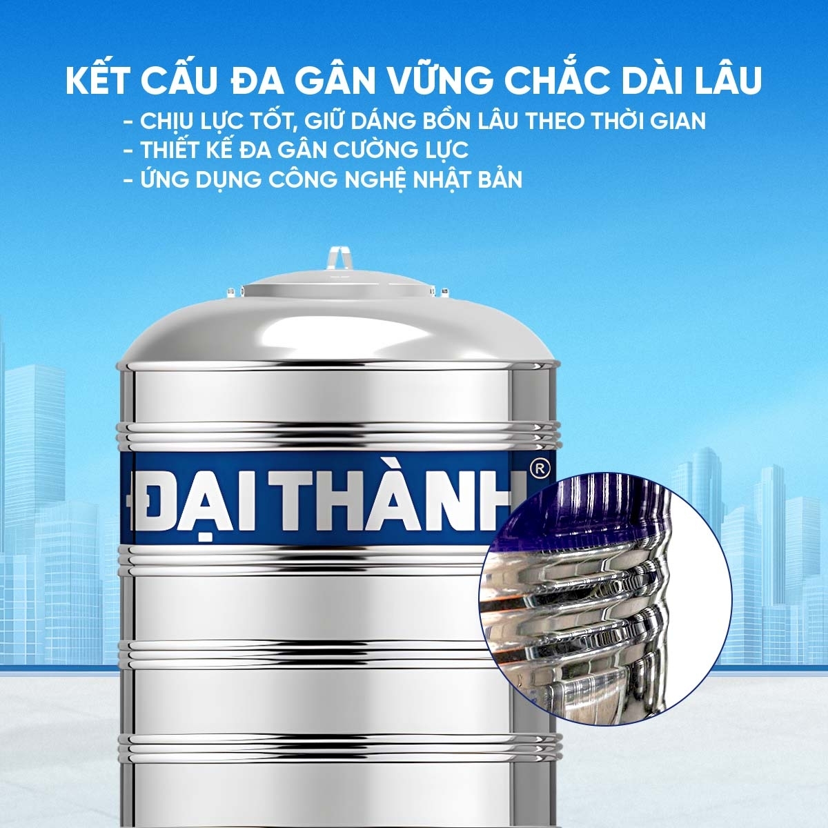 Bồn Inox  Đại Thành 2000L- bồn đứng ĐK1170 (Phân phối từ Kon Tum trở vào khu vực phía Nam)