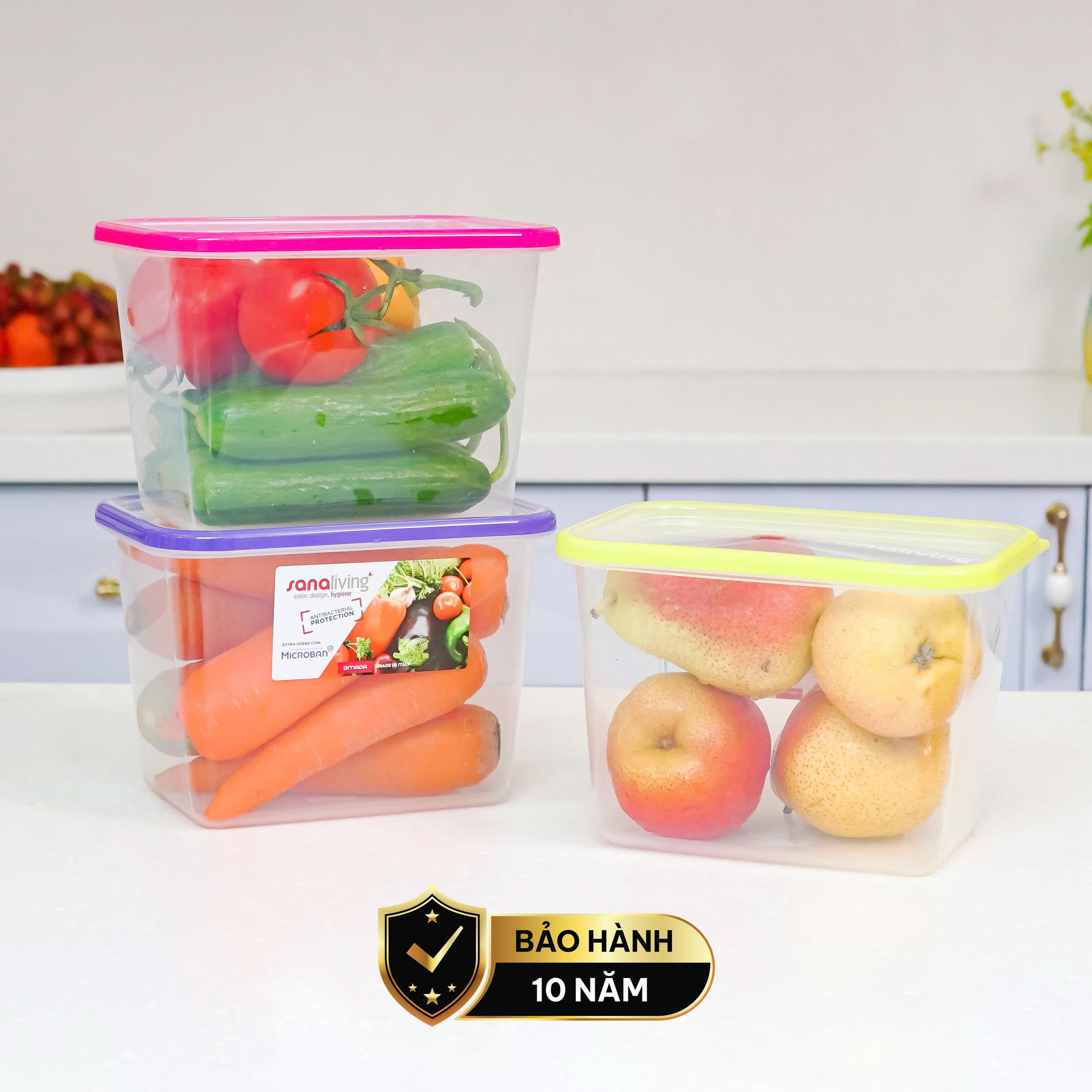 Set 3 hộp đựng thực phẩm kháng khuẩn 2100ml Sanaliving cao cấp OMADA - Model: S2323CA