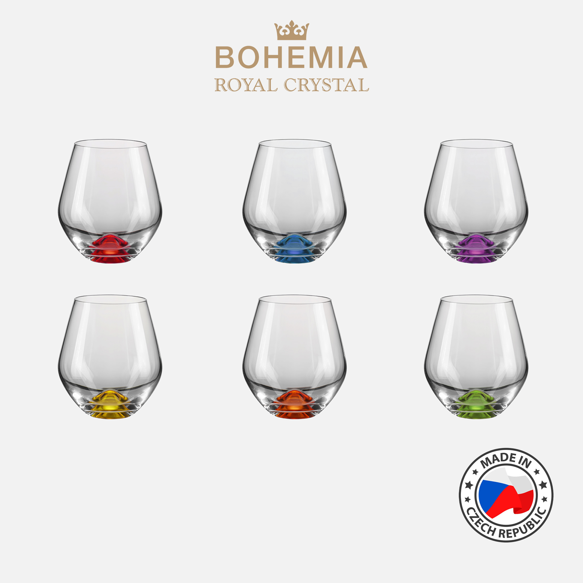 Cốc uống nước pha lê 500ml Bohemia Royal Crystal Set 6 ly - MODEL: Tori colour elevated bottom 500ml