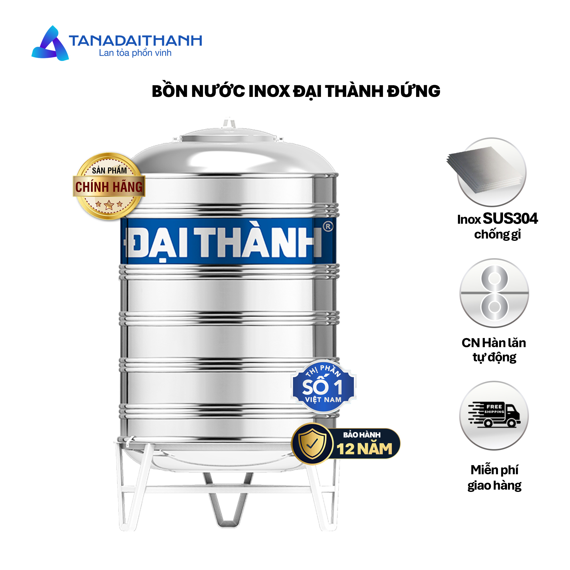 Bồn Inox 304 Đại Thành 1000L-bồn đứng ĐK940 (Phân phối từ Kon Tum trở vào khu vực phía Nam)