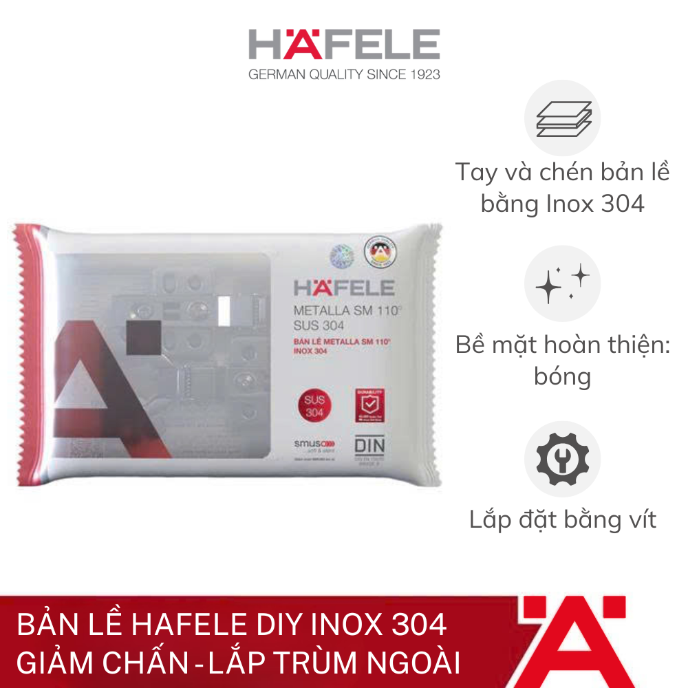 Bản lề Hafele DIY Inox 304 giảm chấn - Lắp trùm ngoài 315.07.113