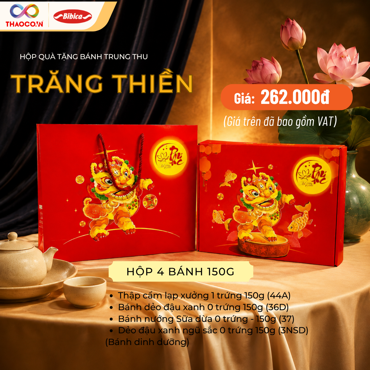 Bánh Trung Thu 2026 - Hộp Trăng Thiền (04 bánh 150g) kèm túi - Phân phối chính hãng